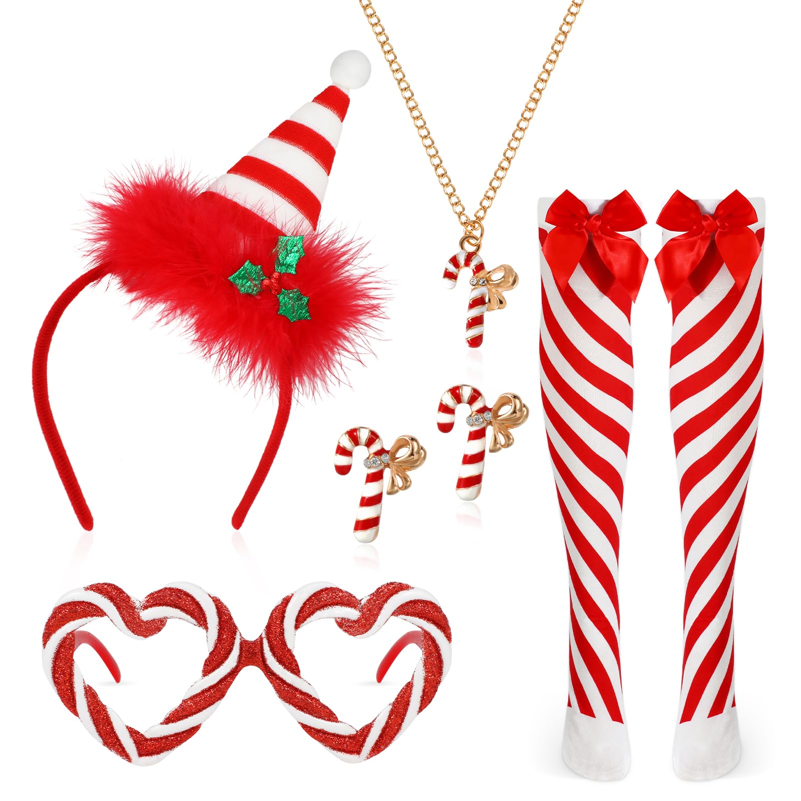 HOWAF Christmas Candy Cane Costume, Candy Cane Headband Xmas Headbands, Stockings, Glasses, Earrings, Necklace for Christmas Costume Women