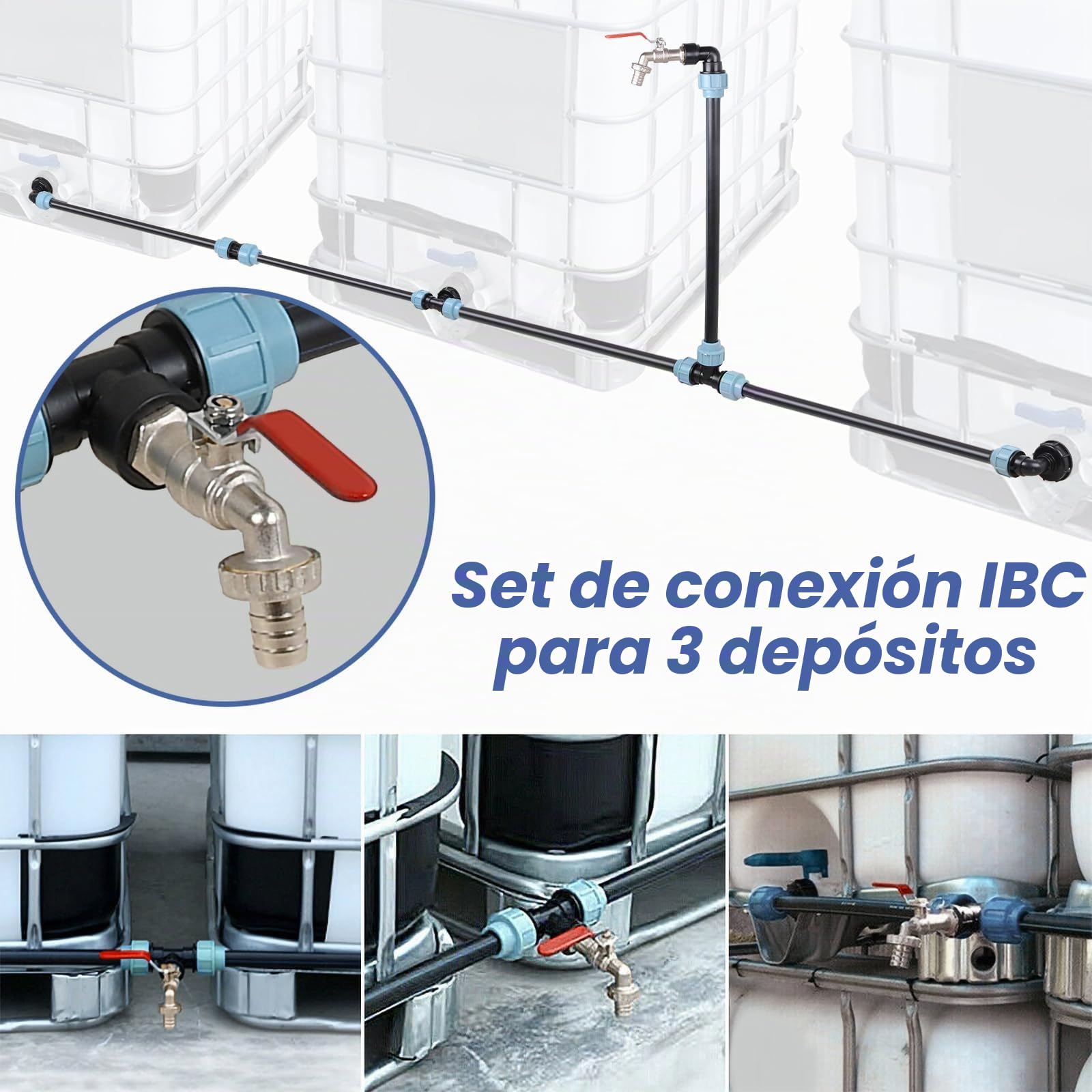 IBC - Juego de conexión IBC para 3 tanques IBC junto a otros tanques de lluvia, incluye 3/4" cuello cisne grifo de jardín, salida de manguera