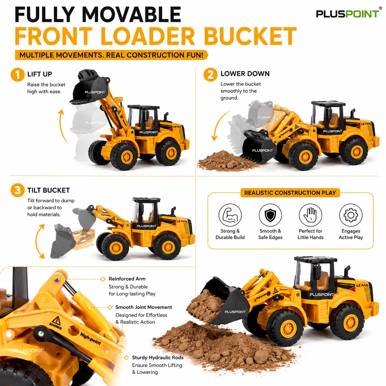 PLUSPOINT Bulldozer Toy Truck Construction Realistic Excavator Truck for Kids Friction Powered Truck Engineering Vehicle Toy for Birthday Gift for 3 Year Old Kids Sand Toys 4