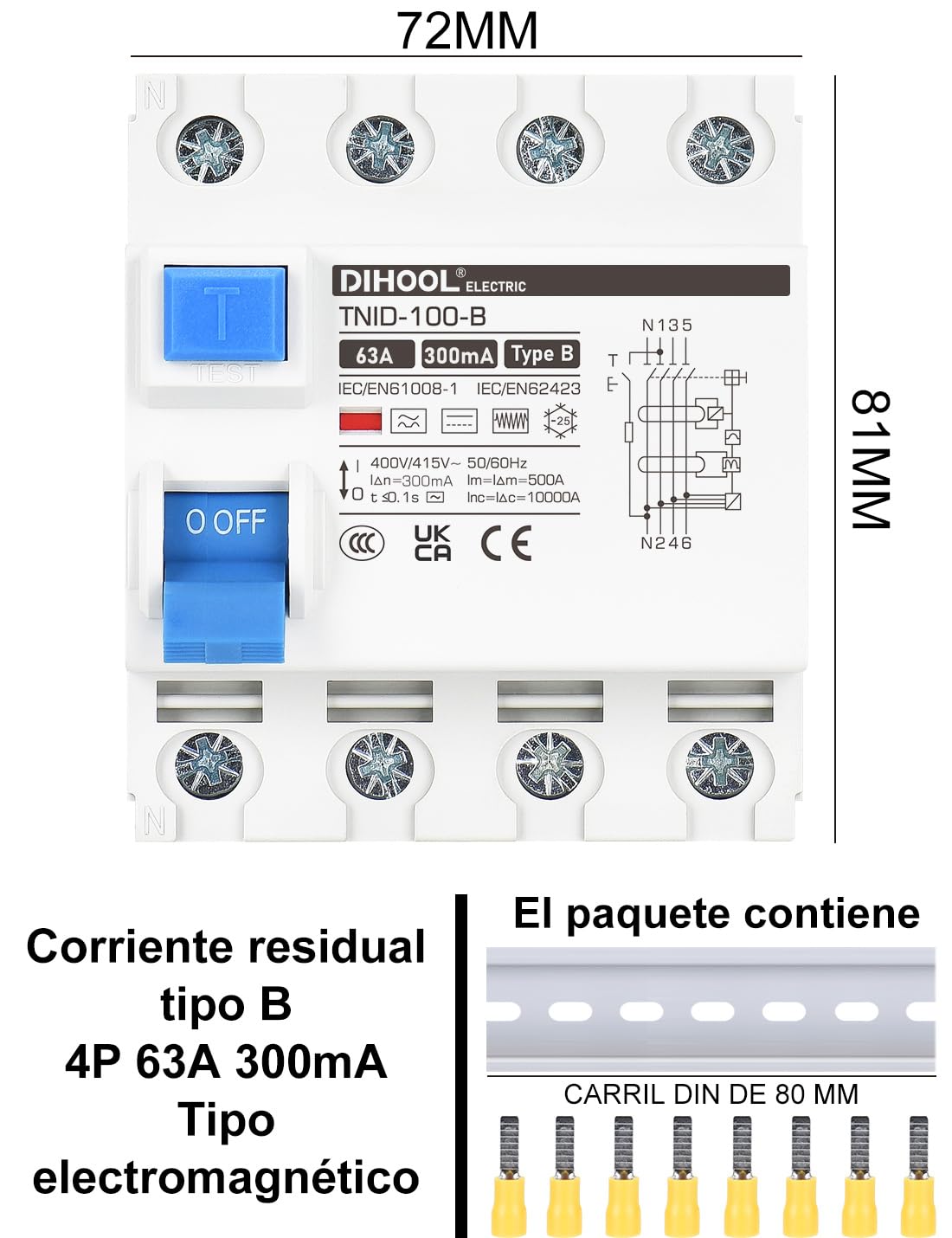 DIHOOL RCD Type B Disjoncteur de courant résiduel DIN Rail 4 pôles 63A 300mA