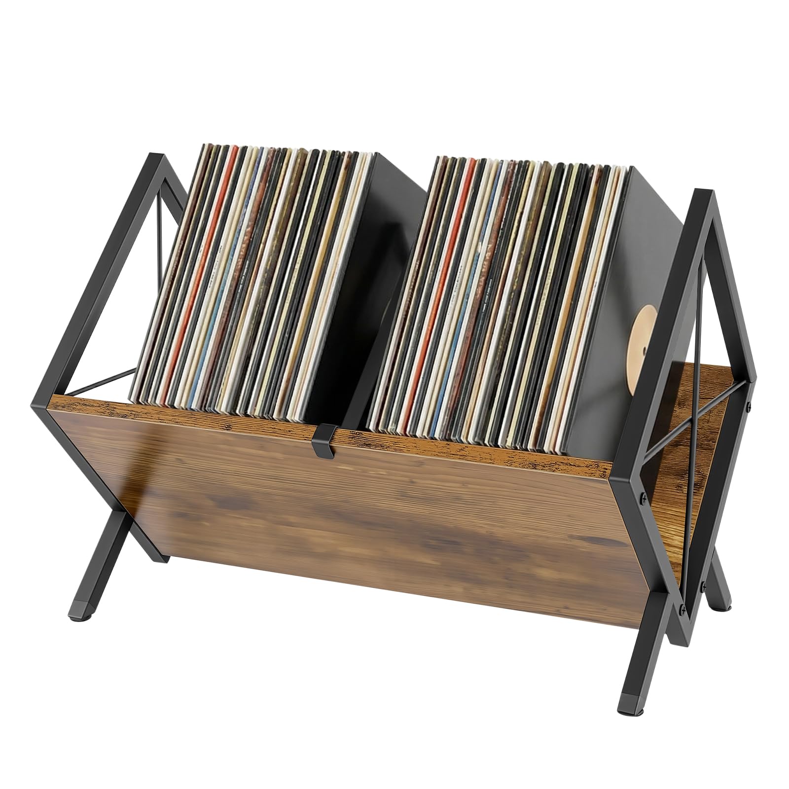 1 Tier Vinyl Record Storage Rack, 80 LP Capacity Record Holder with Adjustable Divider, Rustic Brown Particleboard & Iron Vinyl Display Shelf, Multi-Purpose Organizer for Albums, Magazines, Books