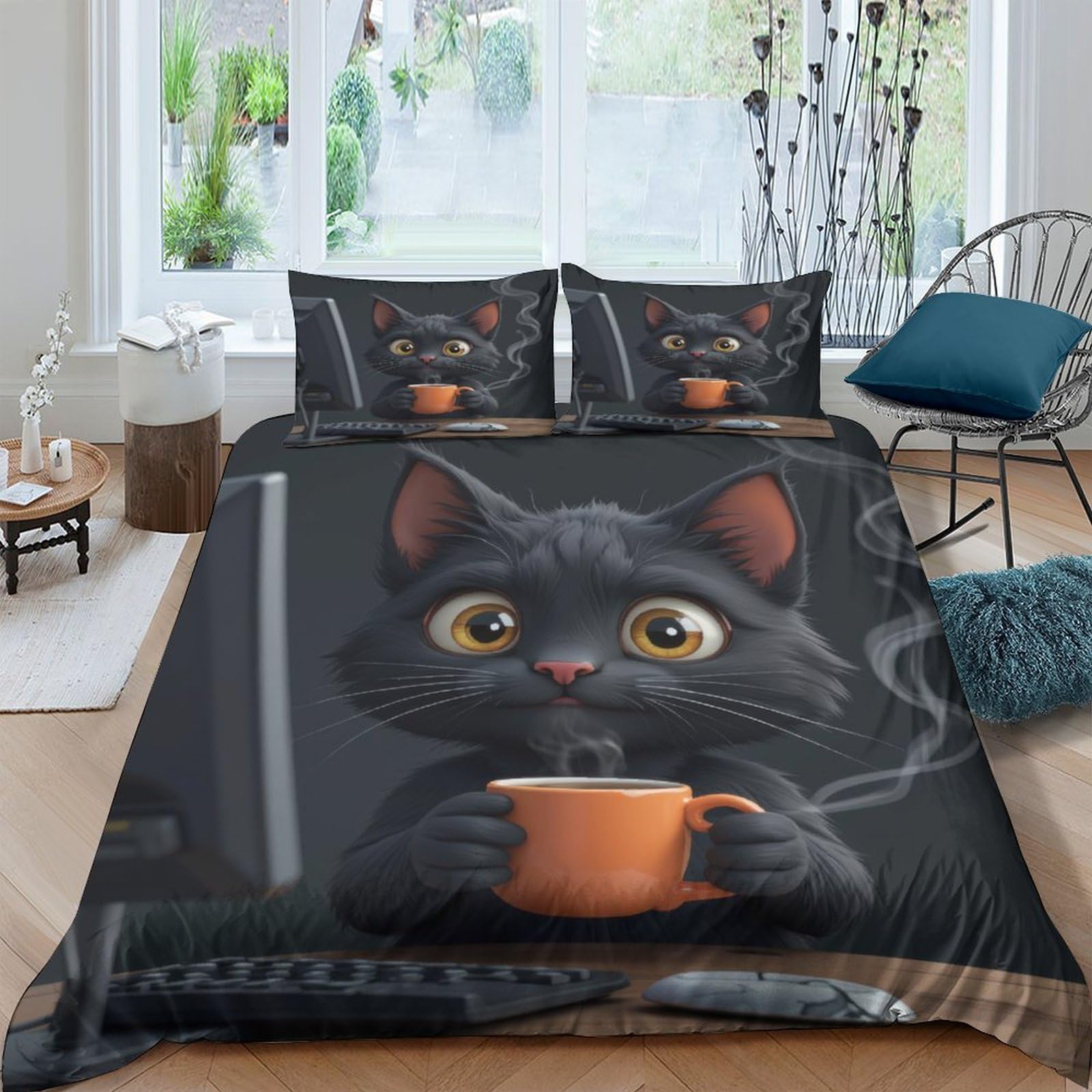 Ctjqhvkz Style-9 3D Printed Black Cat Coffee Fitted Sheet Microfiber Soft Bedroom Decor Bed Cover For Home Guest Room Dorm Single（135X200cm）