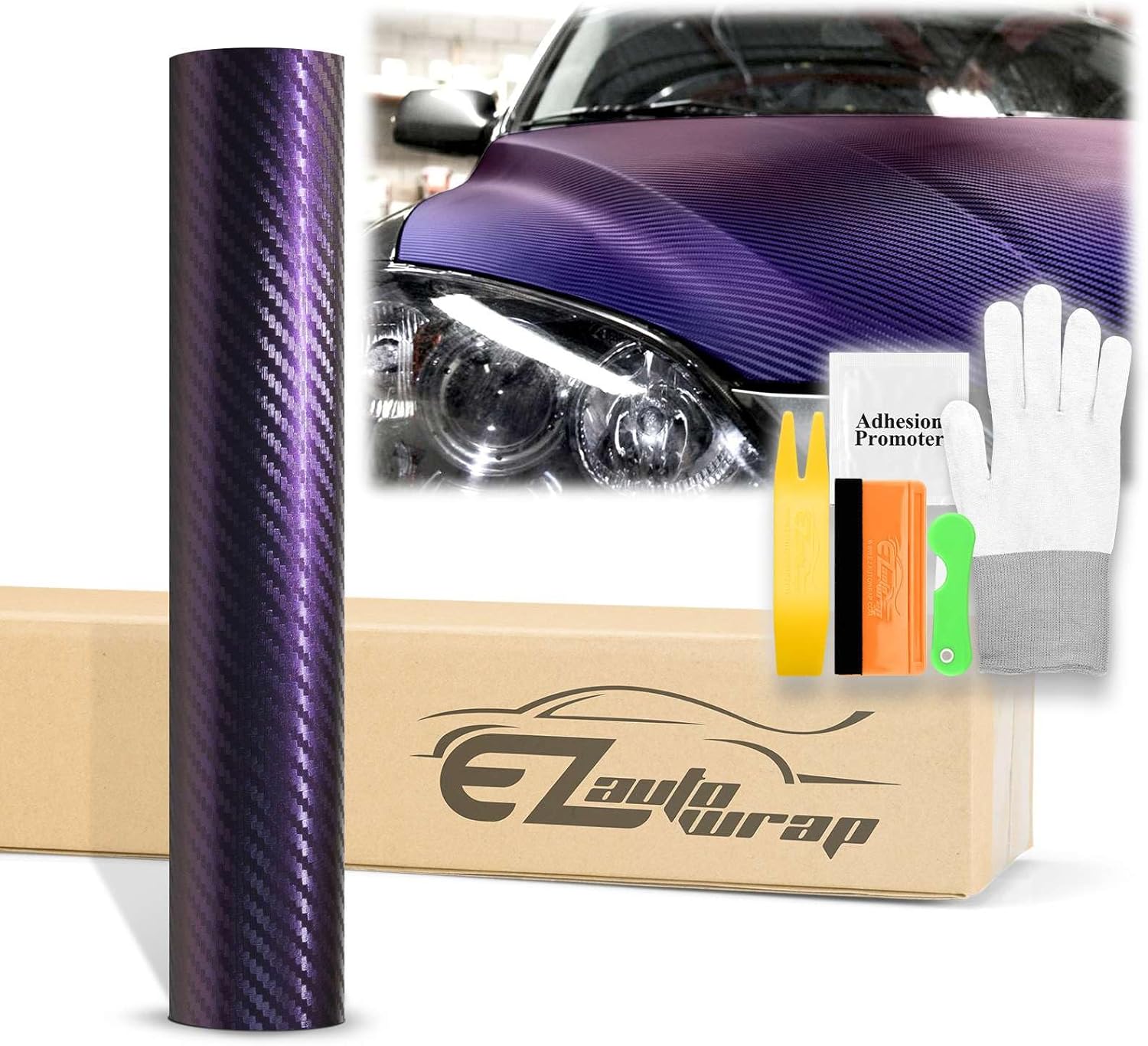 60"x60" (5FTx5FT) Purple Blue Chameleon Carbon Fiber Textured Color Shift Color Change Matte Vinyl Wrap Auto Car Sticker Decal Film Sheet Bubble Free Air Release Technology with Tool Kit