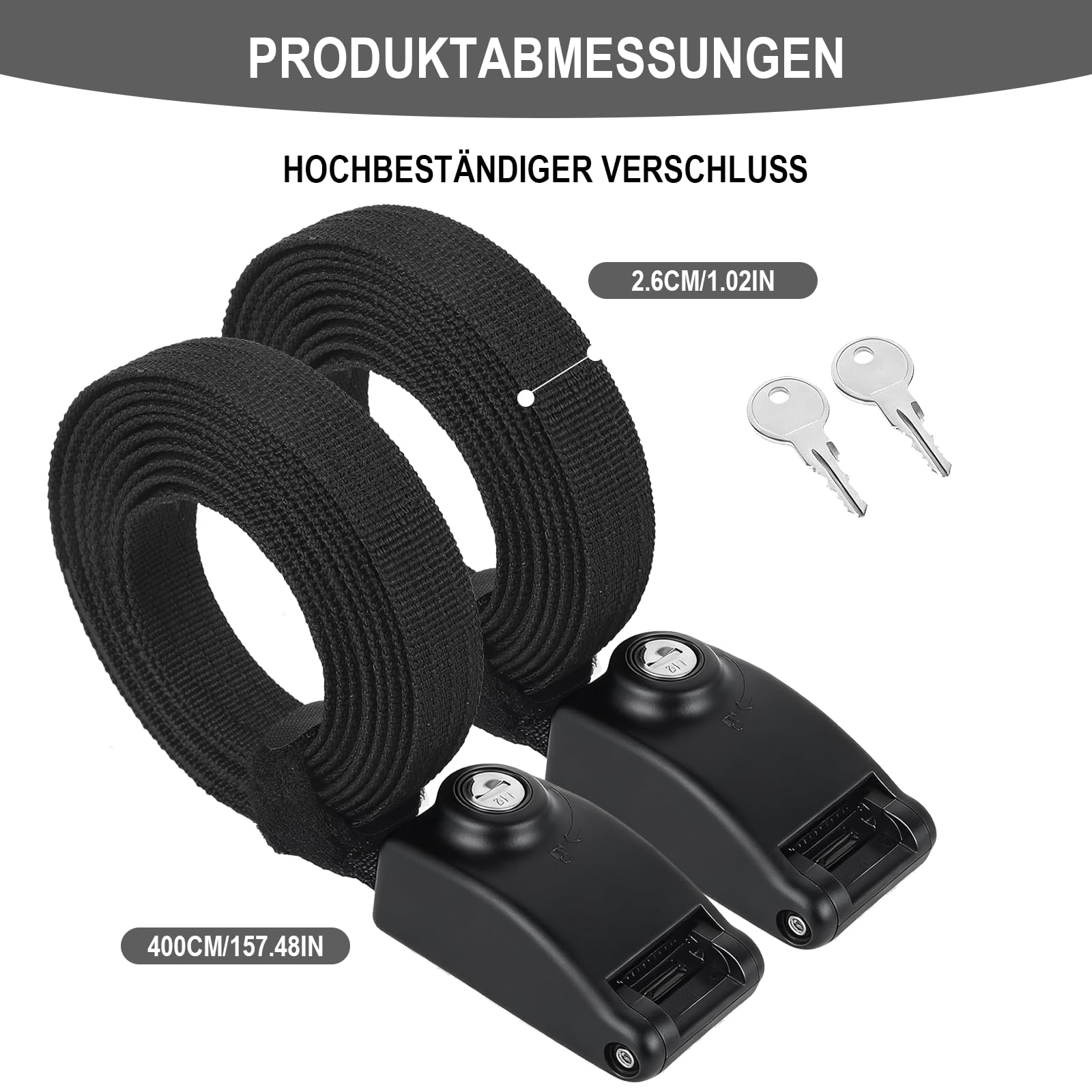 2 Stück Abschließbare Spanngurte 4 m, Zurrgurte mit Schloss & Schlüssel, | Cam Buckle Befestigungsgurt für Fahrrad, Motorrad, Dachbox, SUP, Kajak