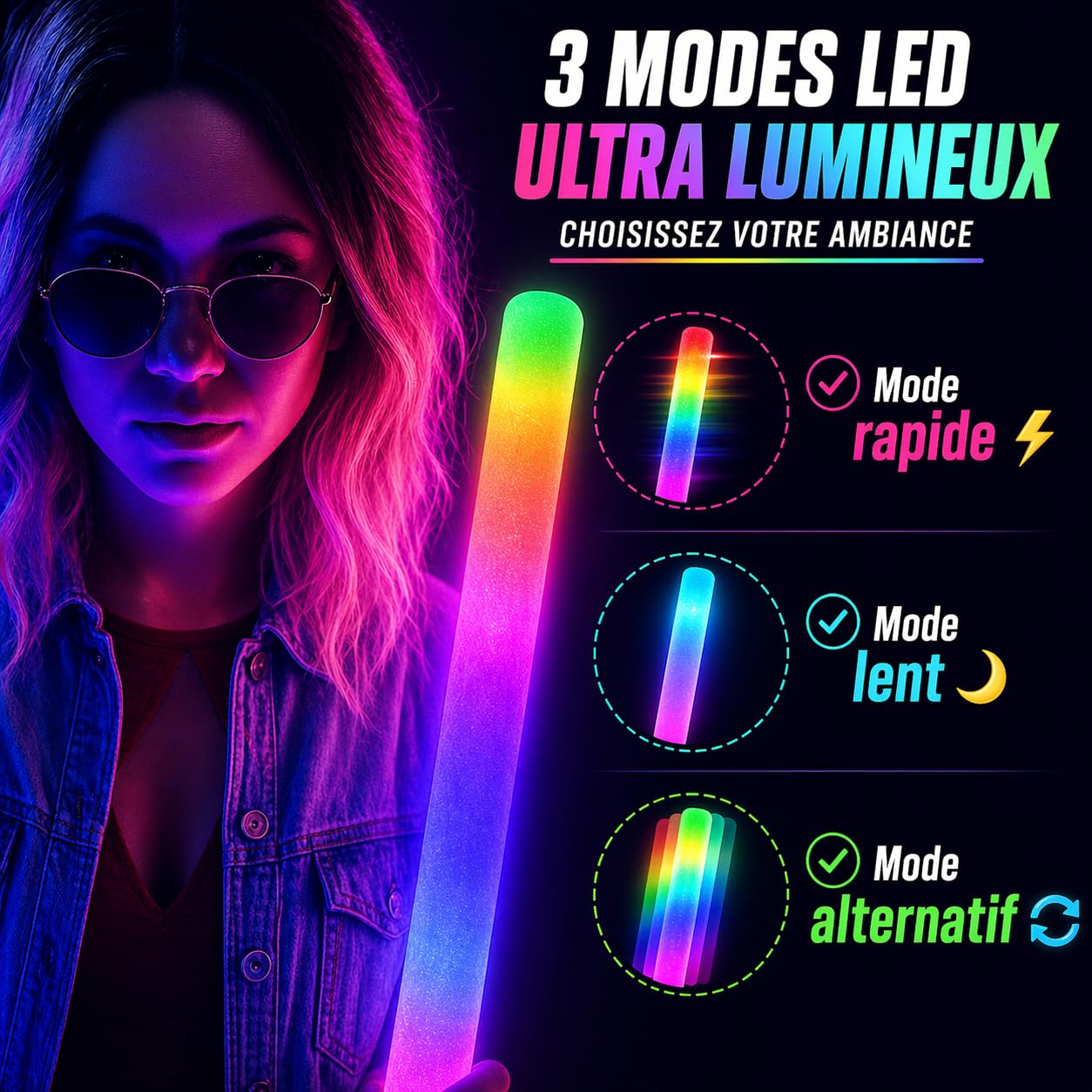 zenda club® Set di 50 bastoncini luminosi a LED, 48 cm, colore: blu, in schiuma, 3 modalità (lampeggiamento veloce, lento, alternativo), ideale per feste, concerti, festival, compleanni