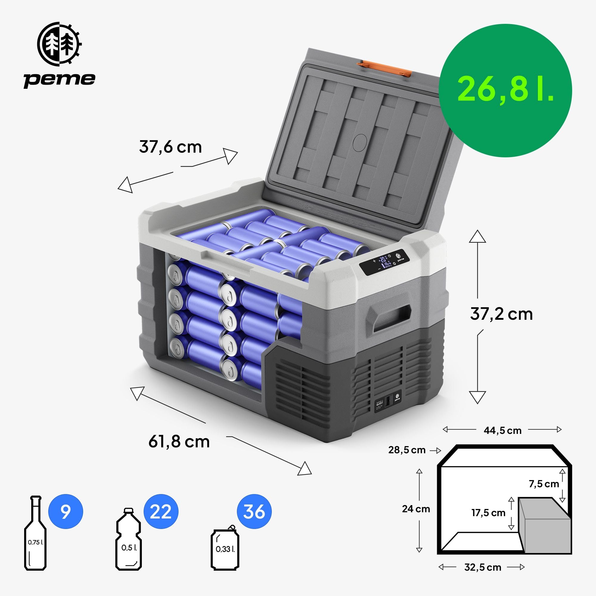 Peme Quest 15,3-26,8-35,3L - Compressor koelbox Met App-bediening, Vries- & verwarmfunctie, Dual Power 12 V/24 V y 230 V voor Camping, Outdoor & Auto