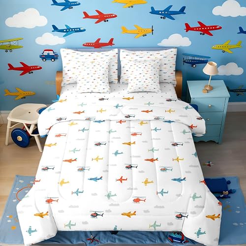 Erosebridal Airplane Comforter Set 7 Piece Bed in A Bag Twin,Colorful Airplanes 