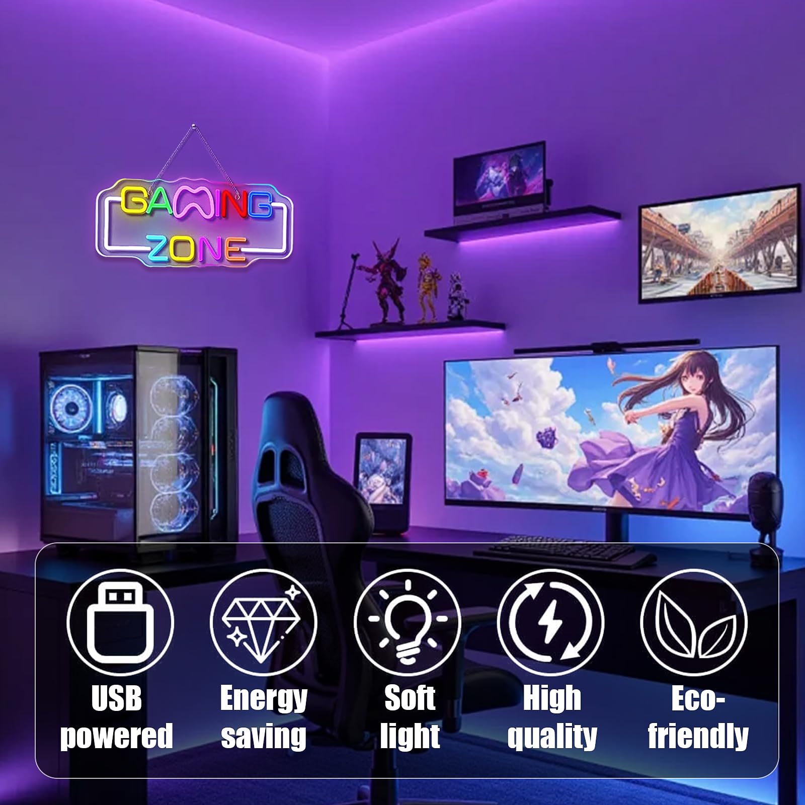 Gaming Zone Scritte Neon, Insegna Luminosa LED al Neon da Parete con USB Alimentazione, Scritta LED Dimmerabile per Sale Giochi, Grotta Dell'uomo, Regali per Giocatori Adolescenti e Adulti