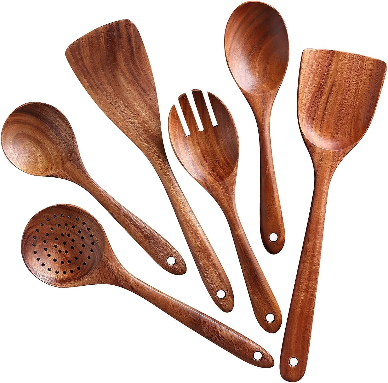 BITE SHOPPING Wooden Spoon 6 Pcs, Cooking Utensils,Kitchen Utensils Natural Teak Wood Non-Stick Cooking Spoons, Wood Utensils Set for Kitchen,Natural Wood Color