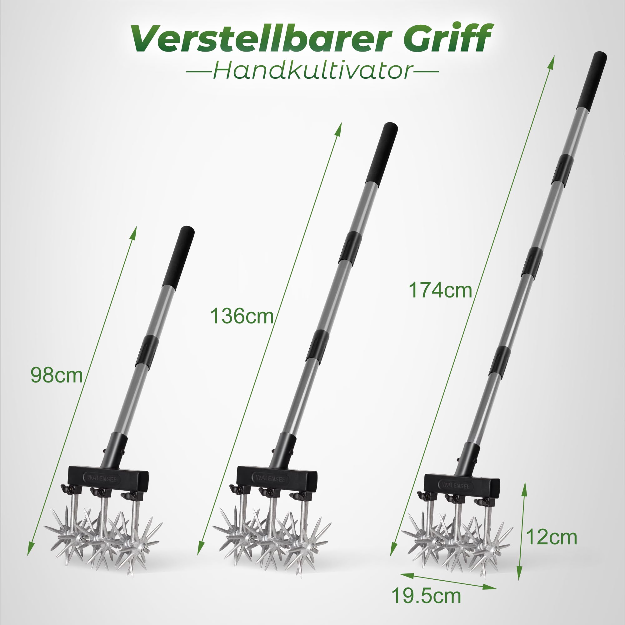 Walensee Rotierender Gartenkultivator, Verstellbare Handfräse mit Teleskopstiel, Rostfreie Sternräder zum Auflockern des Bodens, Jäten & Belüften des Rasens, Leichtes Gartenwerkzeug