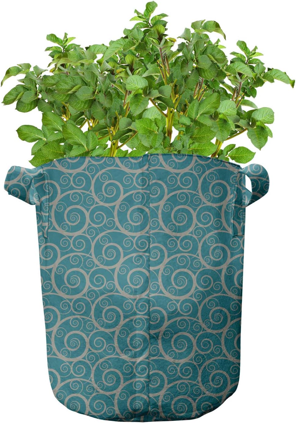 Lunarable Wave Grow Bags 5-Pack, Floral Curly Lines Spirals, Heavyduty Fabric Pots with Handles for Plants, 7 Gallon, Pale Taupe and Teal