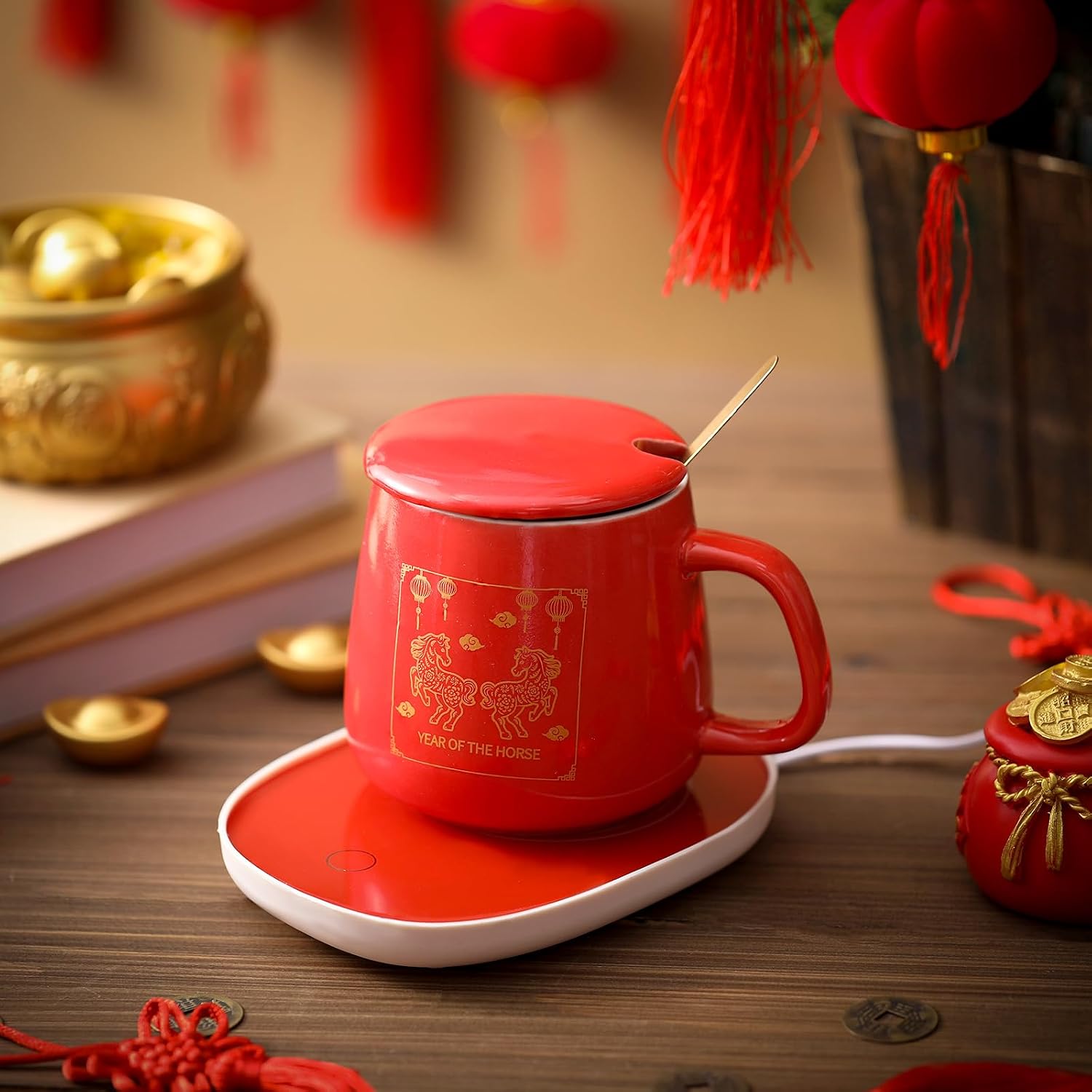Newtay Chinese New Year Gift Mug Warmer Set 2026 Year of The Horse Chinese Red Electric Ceramic Coffee Cup for Desk Office Home Beverage Warmer with 2 Temperature Setting 8 Hours Auto Shut Off