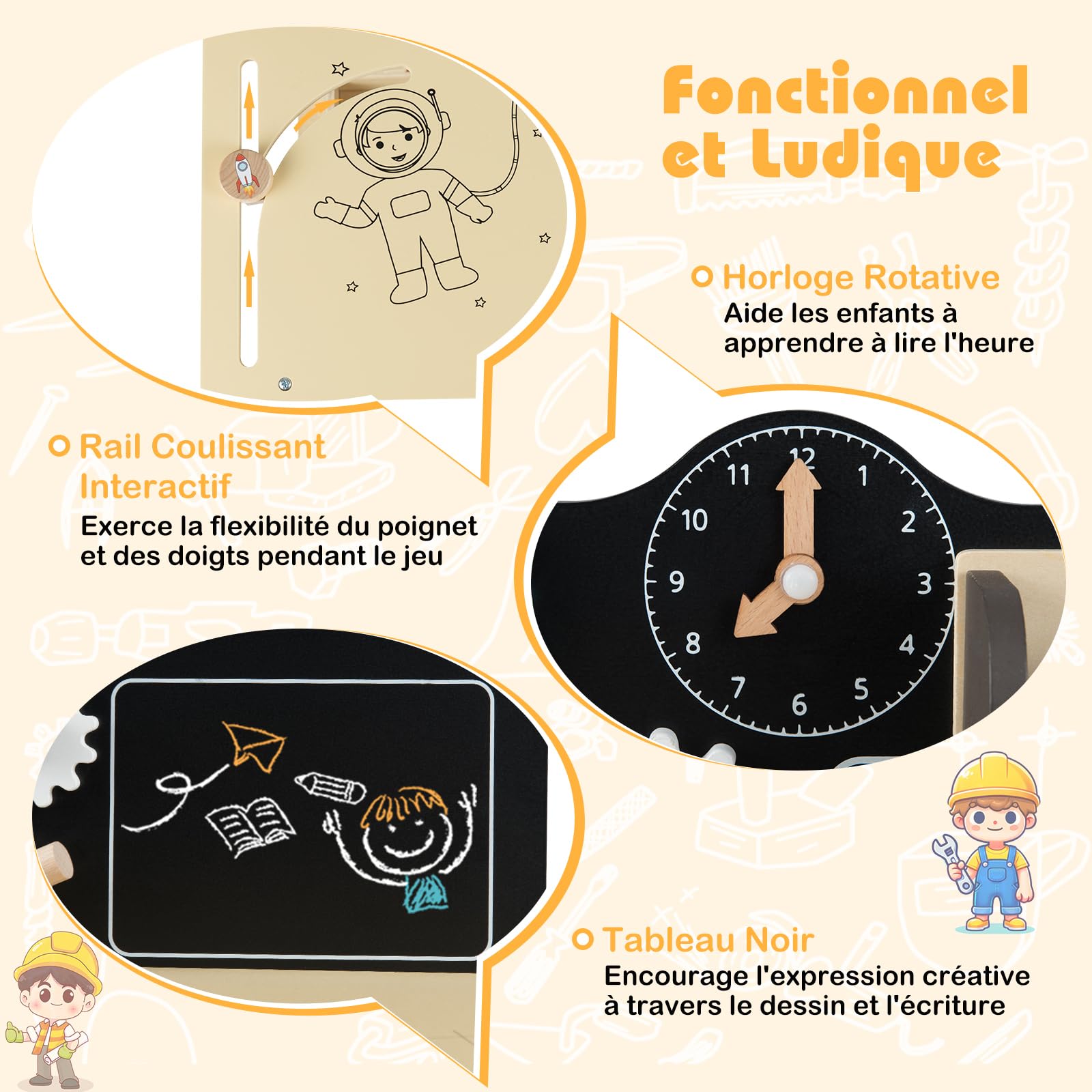 COSTWAY Établi Enfant avec Outils et Accessoires, Atelier Bricolage Enfant en Bois avec Étagères de Rangement, Tableau Noir, Horloge, Marteau, Tournevis, pour Garçons et Filles de 3+ Ans