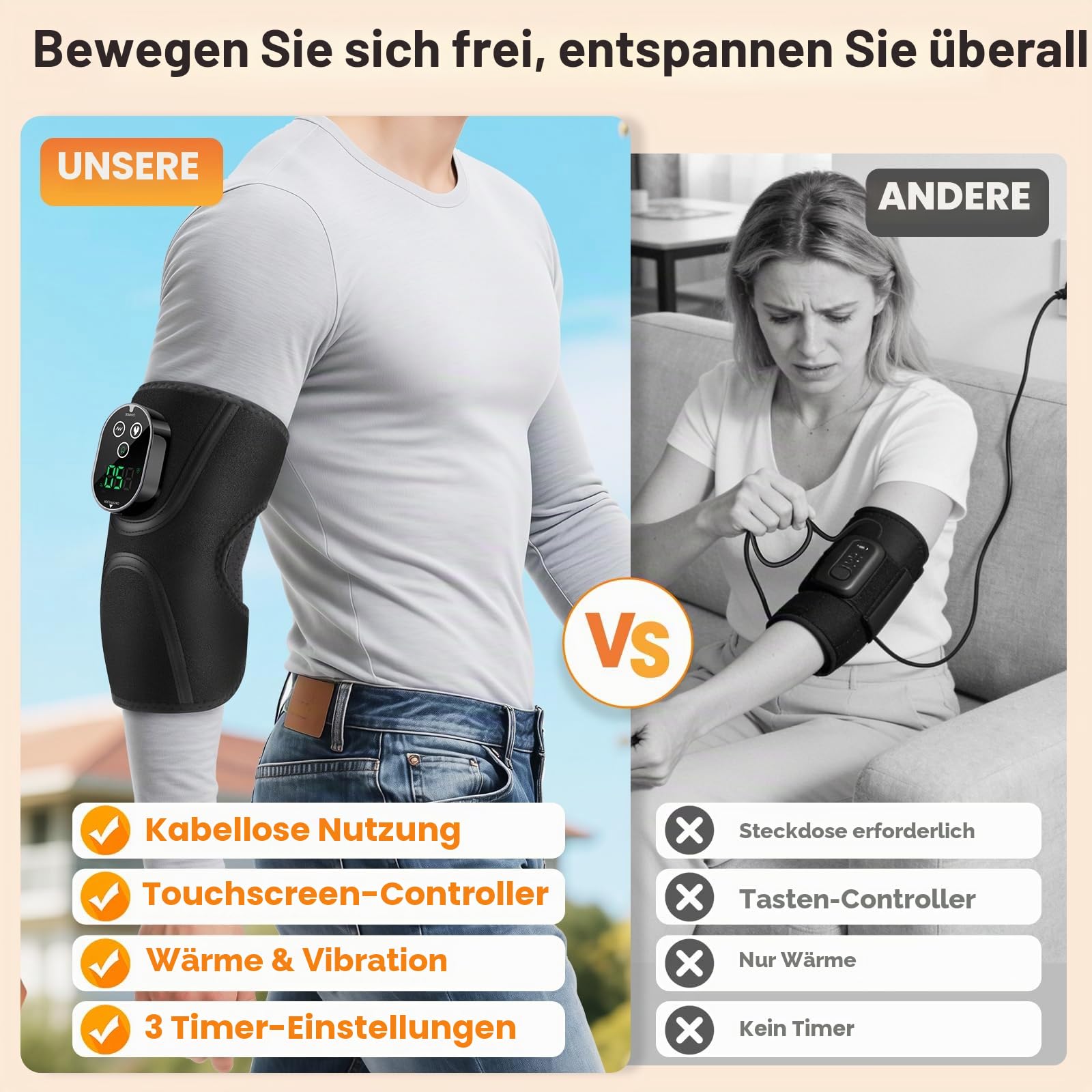 Kabelloses Ellenbogen-Heizkissen Mit Vibrationsmassage, Beheizte Ellenbogenbandage Mit Touchscreen-Steuerung, 5 Wärmestufen, 3 Vibrationsmodi, 3 Timer-Einstellungen, Integrierter 3000mAh-Akku