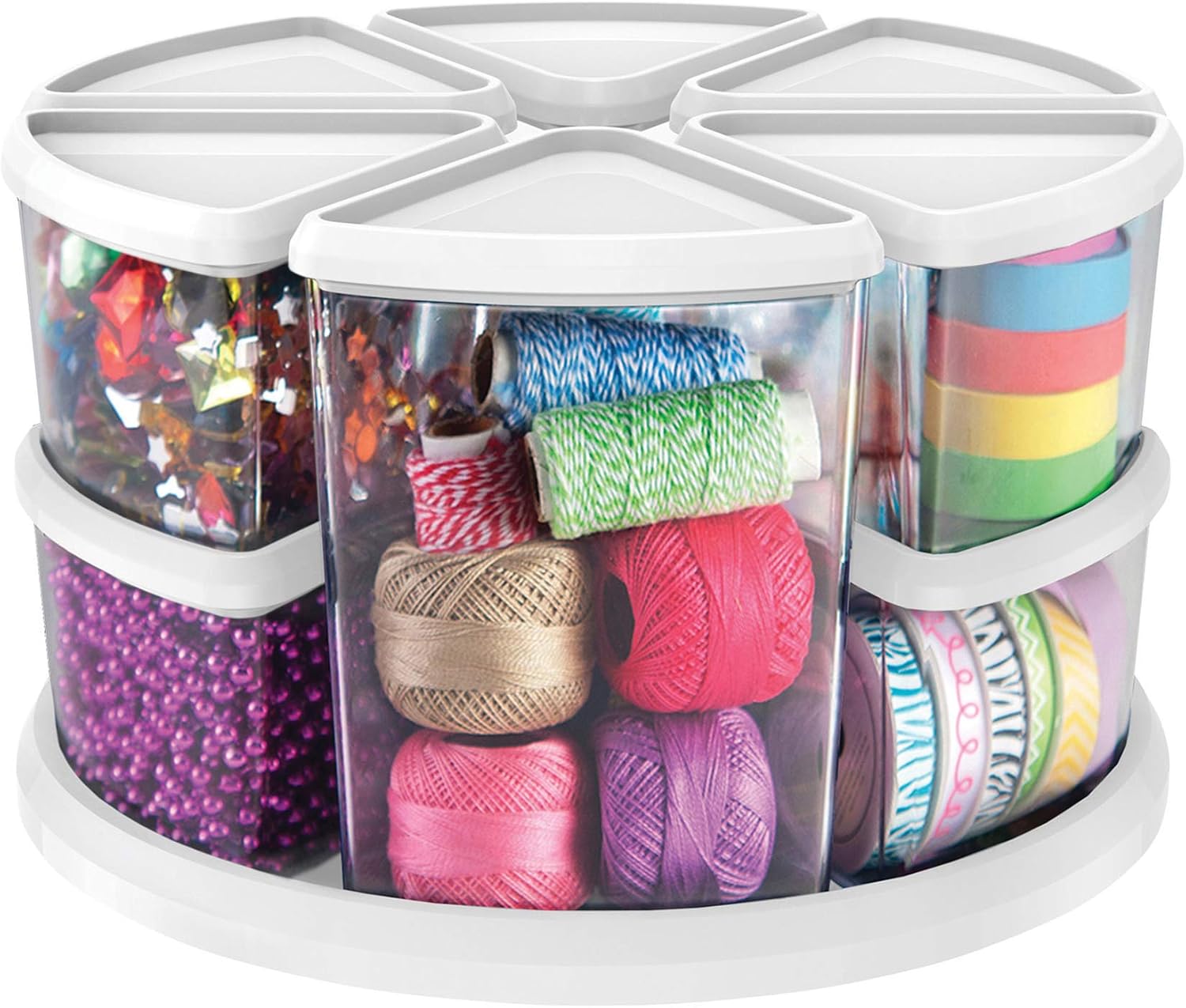 Deflecto Rotating Carousel Craft Organizer, 9-Canister, Includes 3" and 6" Canisters, Removable, Clear, Lids