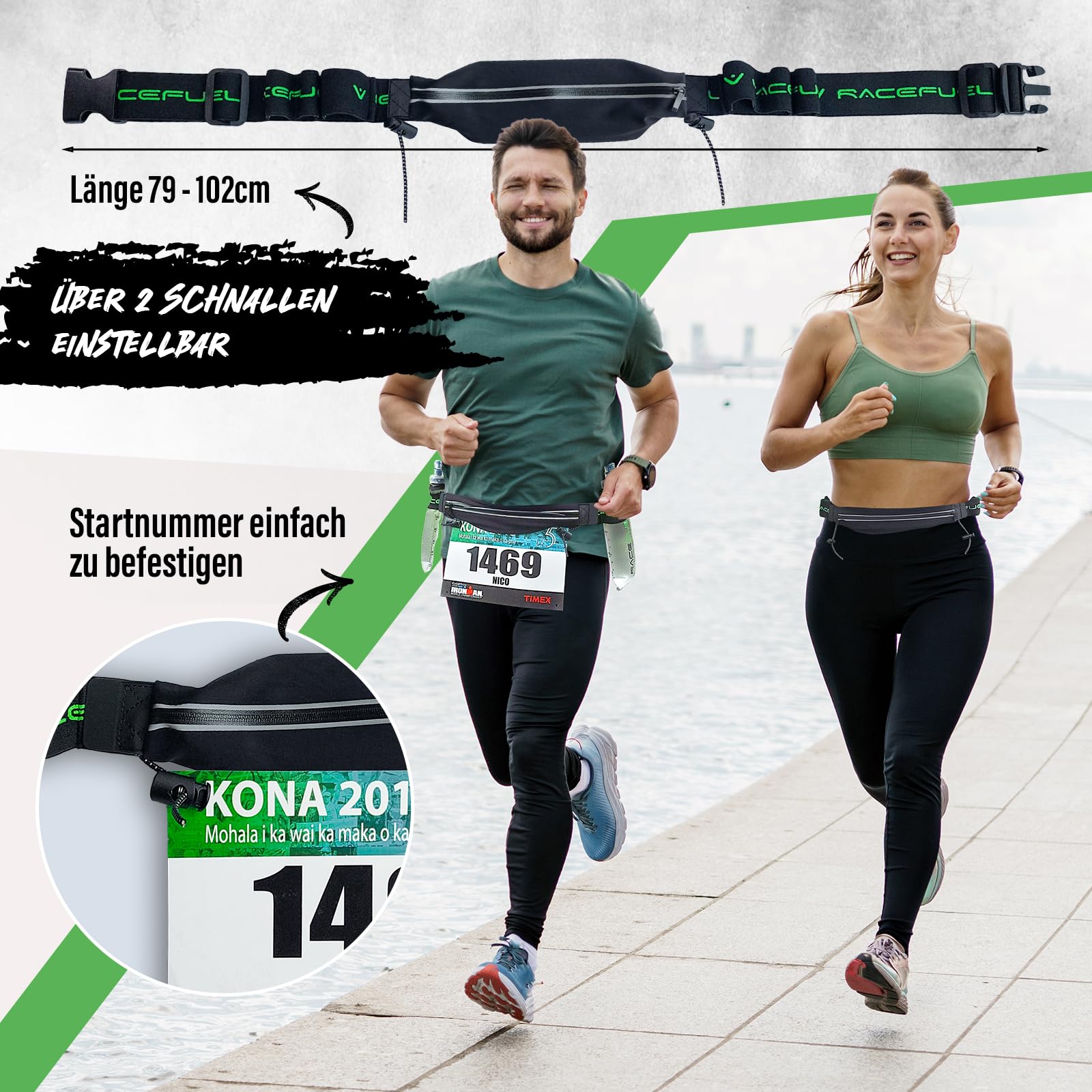 RaceFuel - Correa para el número de triatlón con bolsillo para teléfono móvil con soporte para número y 6 soportes Softflask o gel para correr, ciclismo, maratones, Con bolsa, talla única, Banda