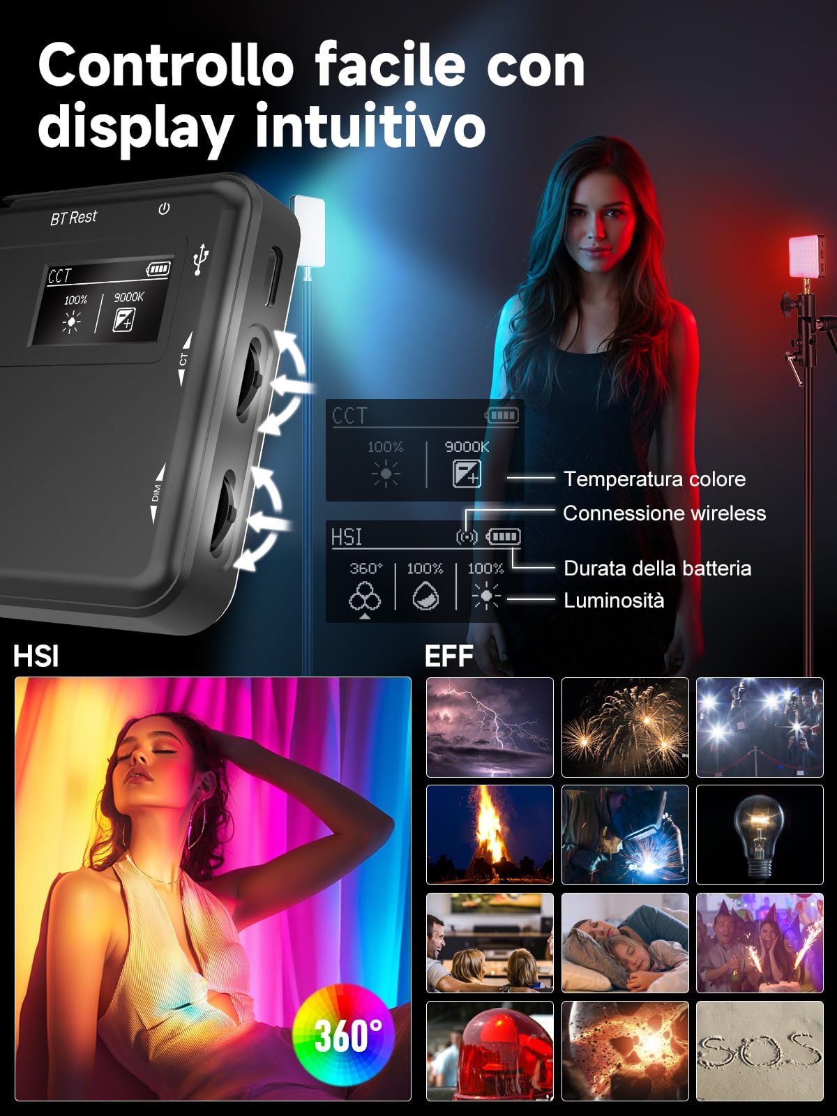 Luce Led Fotografia, Rollei Lumis Compact RGB Faretto Video Fotografiche Portatile 125g 98 CRI/TLCI con 13 Effetti e Batteria Ricaricabile per Macchina Fotografica, Faretto-Luce-Fotografia-LED-Video
