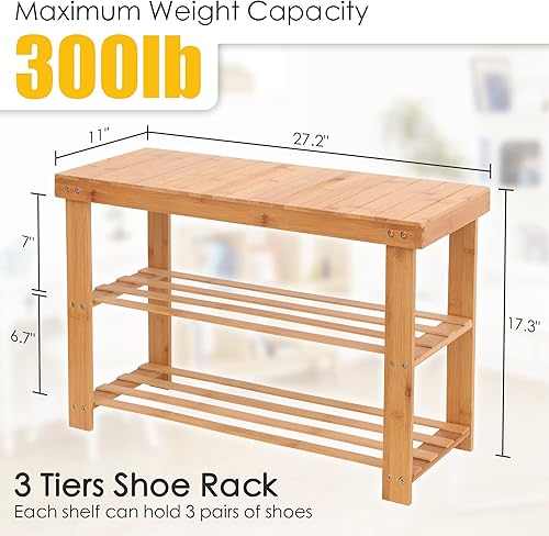 Miniatura 3 de Estante para zapatos, organizador de zapatos de bambú de 3 niveles, estante de almacenamiento para zapatos, banco de entrada, soporta hasta 300
