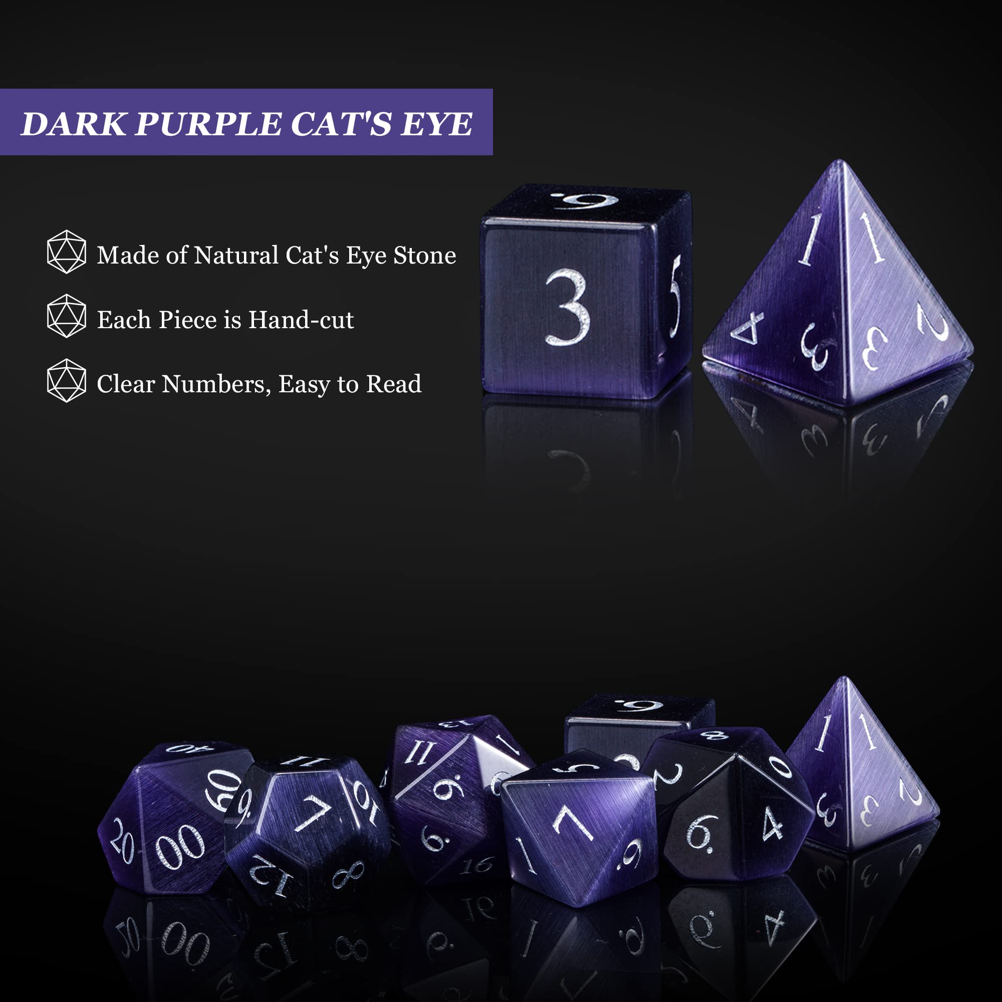 UDIXI Juego de dados de piedras preciosas naturales, 7 dados DND de cristal para mazmorras y dragones, dados D&D hechos a mano para juegos de mesa MTG (ojo de gato morado oscuro)