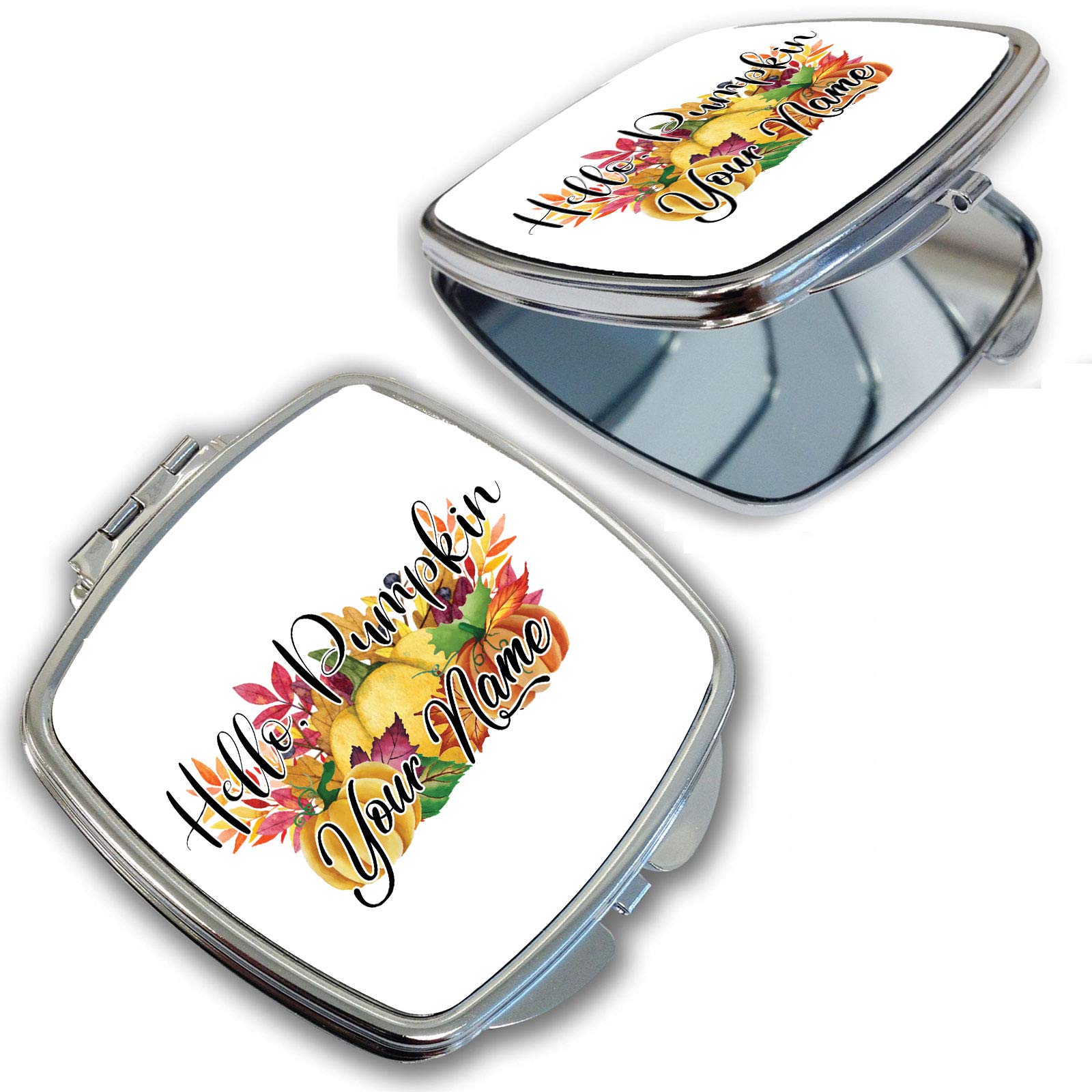 BRGiftShop Personalized Custom Name Watercolor Fall And Autumn Leaves Hello Pumpkin Compact Pocket Cosmetic Mirror