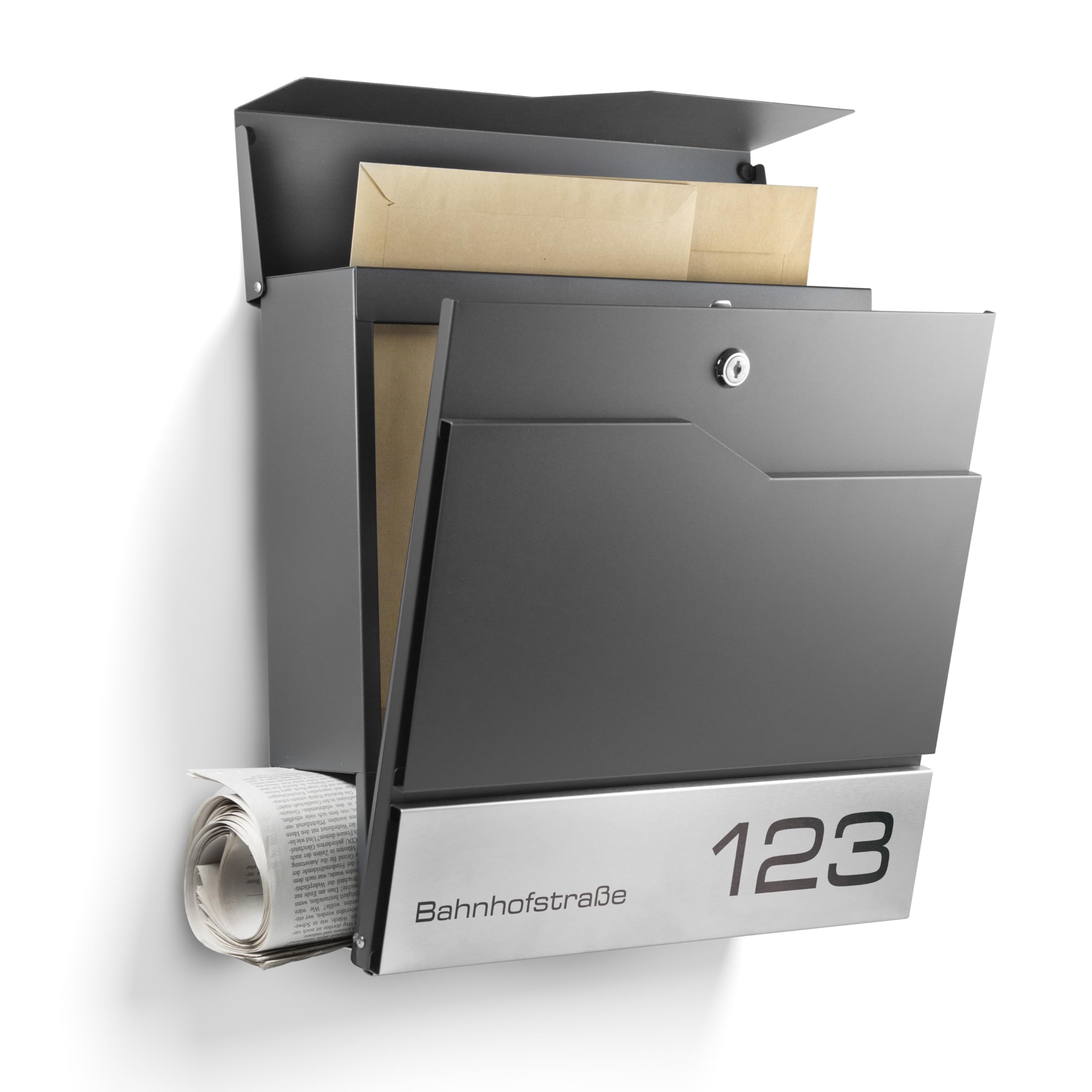 Moderner Briefkasten Personalisierbar Tokio Anthrazit RAL7016 - mit Zeitungsfach - Wandbriefkasten mit Edelstahl Namensschild und Hausnummer Gravur I Rostfrei und UV-beständig (Mit Gravur)