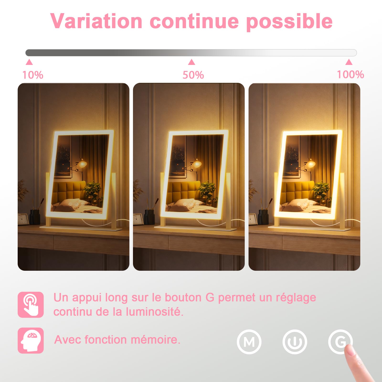 AIMAX Miroir Coiffeuse de Maquillage Lumineux, 27,5 x 37,5 cm, Rotation à 360°, Miroir cosmétique avec LED, 3 Modes d'éclairage et intensité Variable, contrôle Tactile, Miroir de Table pour Coiffeuse