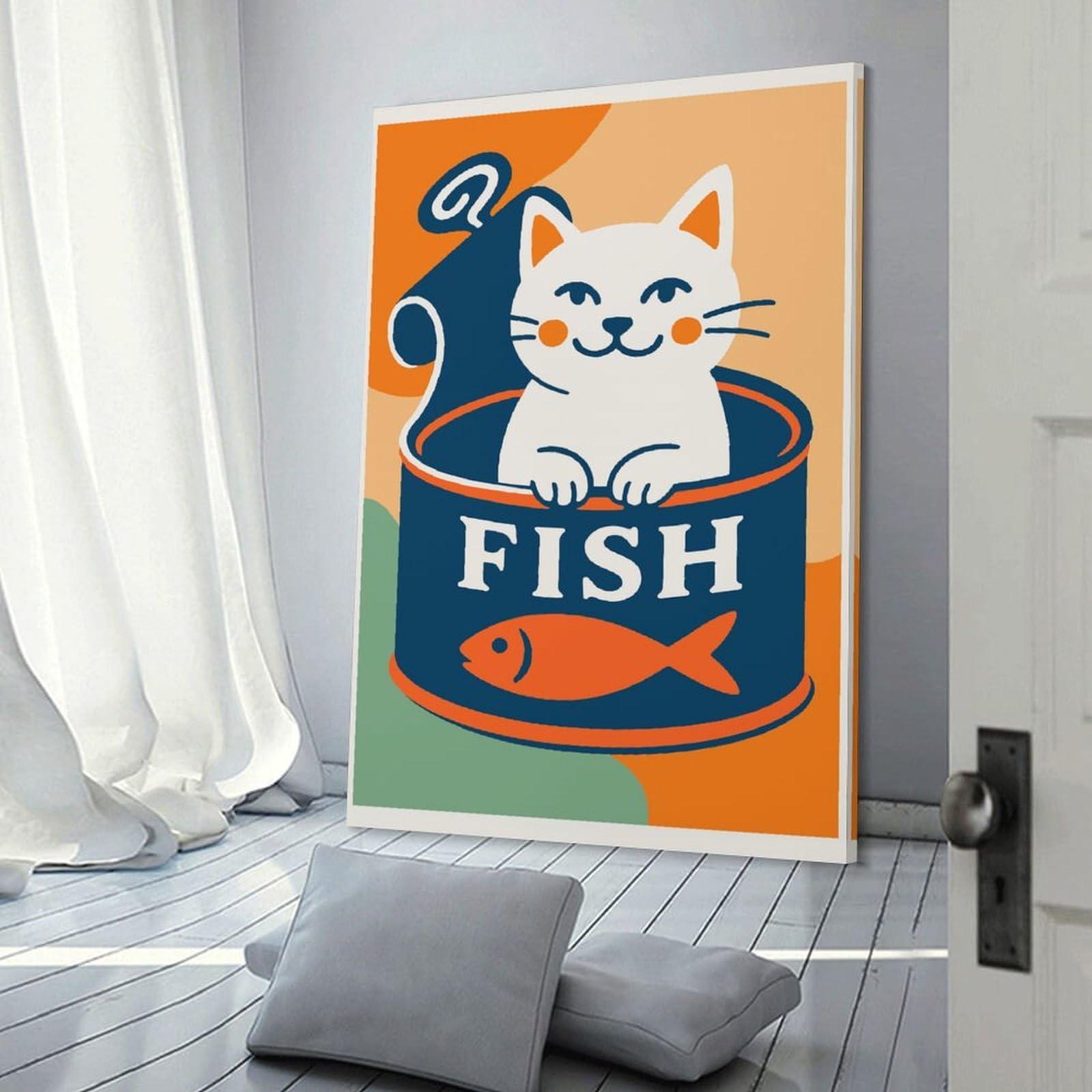 Junmoney Cat in A Fish Can Illustration Decorative Canvas Print, 08x12inch(20x30cm), for Hallway, Entryway Or Landing, Home Artwork for First Impressions