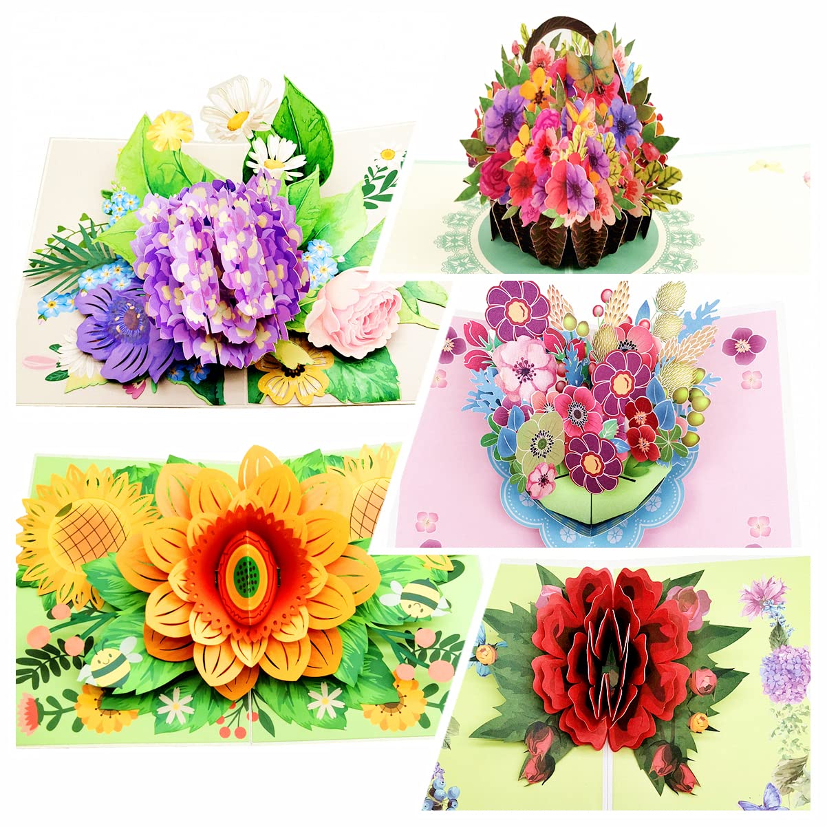5-Pack Flowers Pop Up Cards 3D Greeting Card Assortment for Women or Men on All Occasion Anniversary Valentine's Day Birthday or Wedding Christmas Congratulation