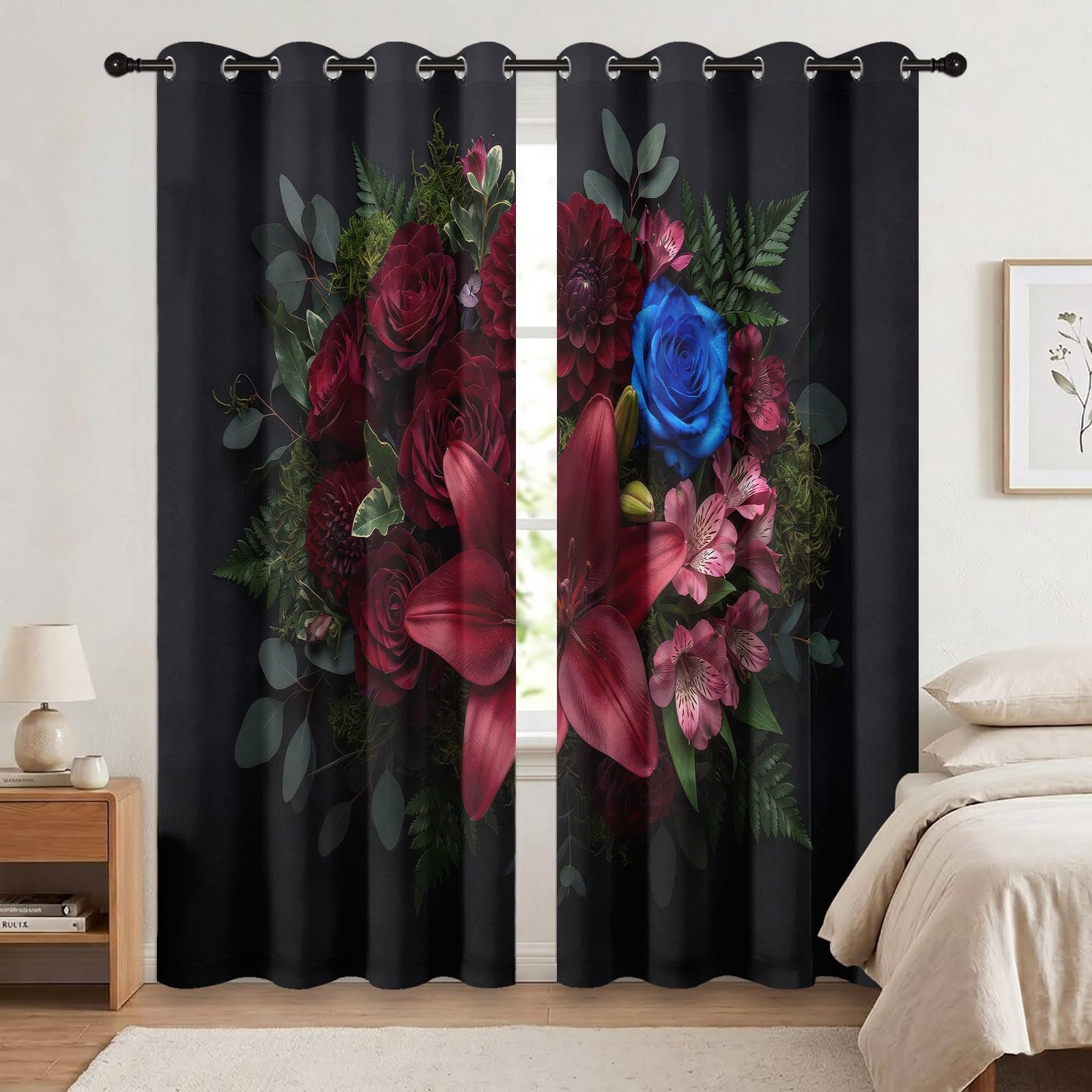 Rideaux Occultant Floral Art, Rideaux Occultant Rose Bordeaux & Dahlia Rideau Thermiques Isolant Anti Froid et Chaleur Rideau à Oeillets pour Salle À Manger, 2 PCS, 91.5L X 214H cm
