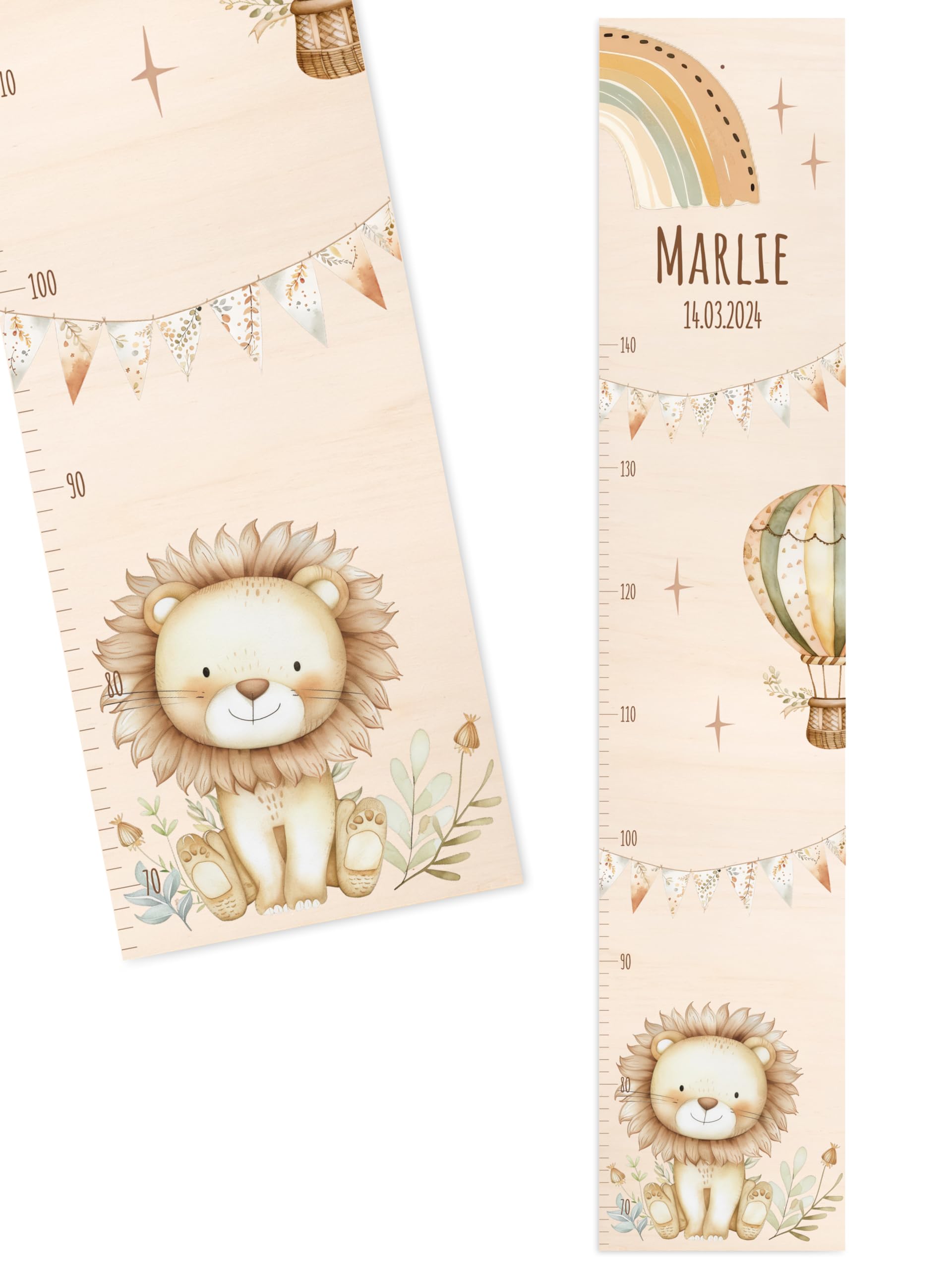 Bärenfreunde® - Personalisierte Messlatte Kind Holz zum Kleben oder Aufhängen - Skala 70-140cm - Süße Dekoration für Baby- & Kleinkinderzimmer (Kinder 70-140cm, Löwe)