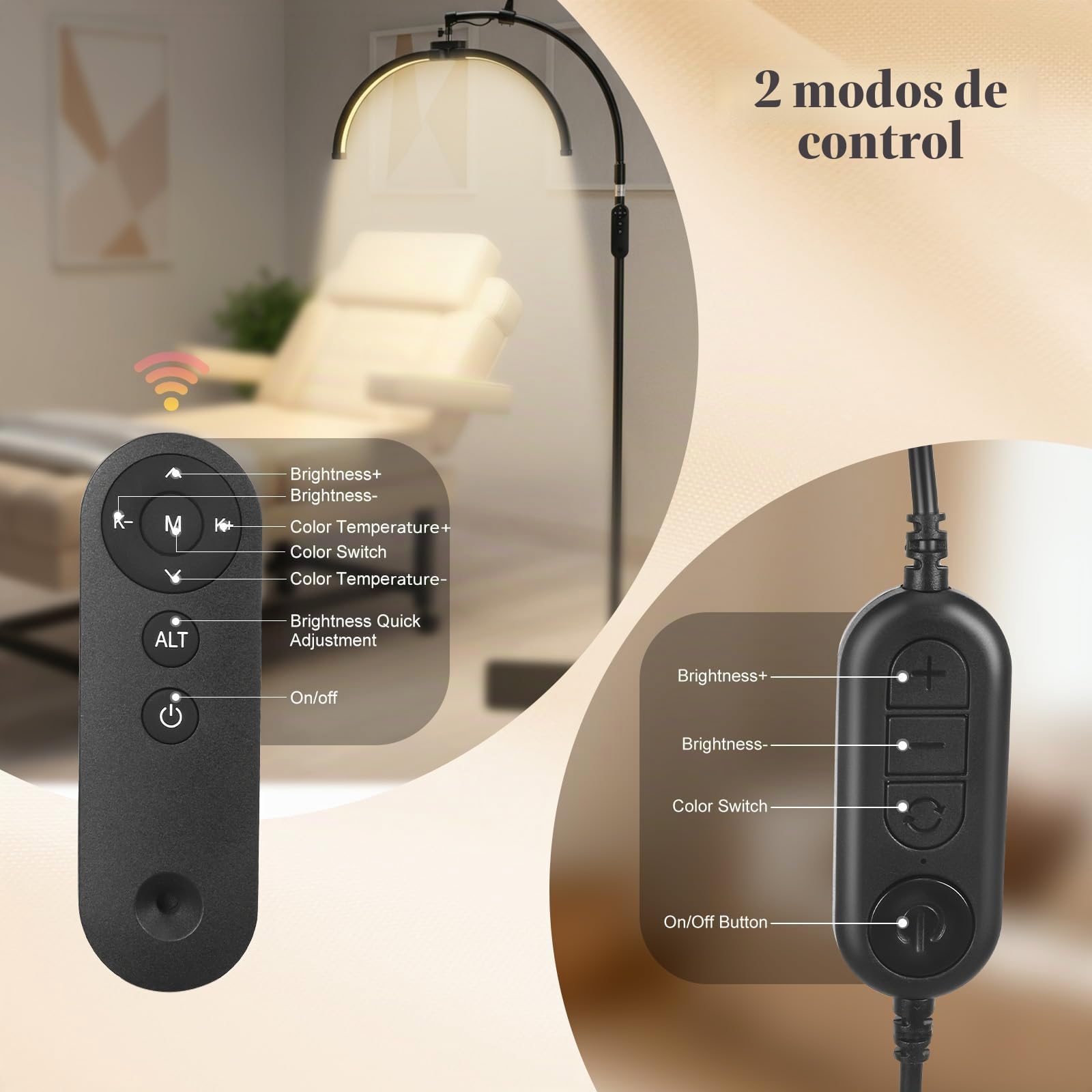 Lámpara LED cosmética de media luna Cabezal giratorio de 360° con 3 temperaturas de color Lámpara pestañas con altura ajustable y control remoto extensiones de pestañas, maquillaje, tatuajes, manicura