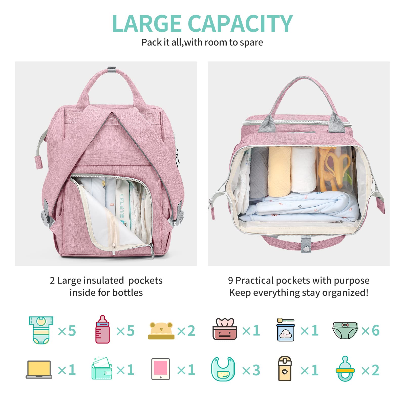 Viedouce Baby Wickelrucksack Wickeltasche Babytasche,Wasserdicht Oxford Große Kapazität für ausgehen,Multifunktional zum Rucksack mit 1 Stück Wickelauflage und 2 Kinderwagengurten