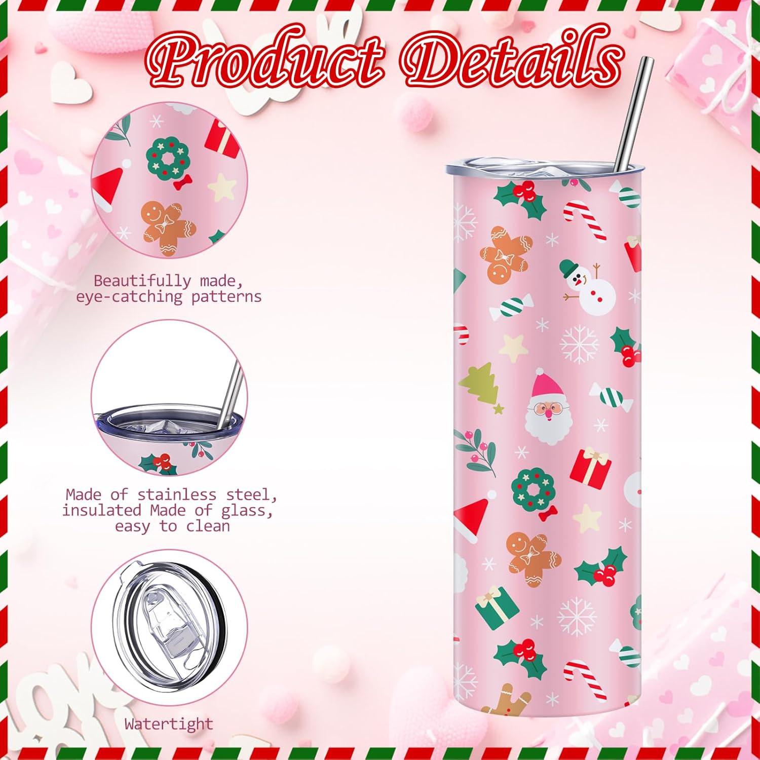 Sliner 8 PCS Christmas Tumbler with Lid Straw and Brush Stainless Steel Christmas Mug Xmas Funny Tumbler Double Insulated Coffee Cup Travel Mug for Holiday Birthday Wedding Party Gifts (Sweet) - Image 3