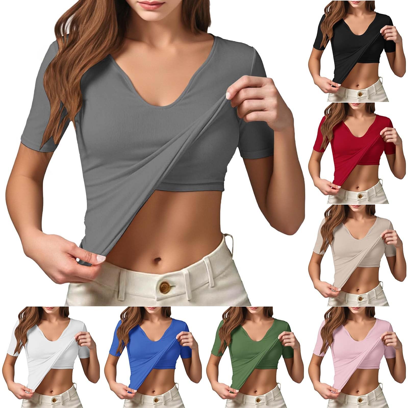 Camiseta para mujer con sujetador integrado sin costuras cuello de pico manga corta acanalada básica ajustada elástica