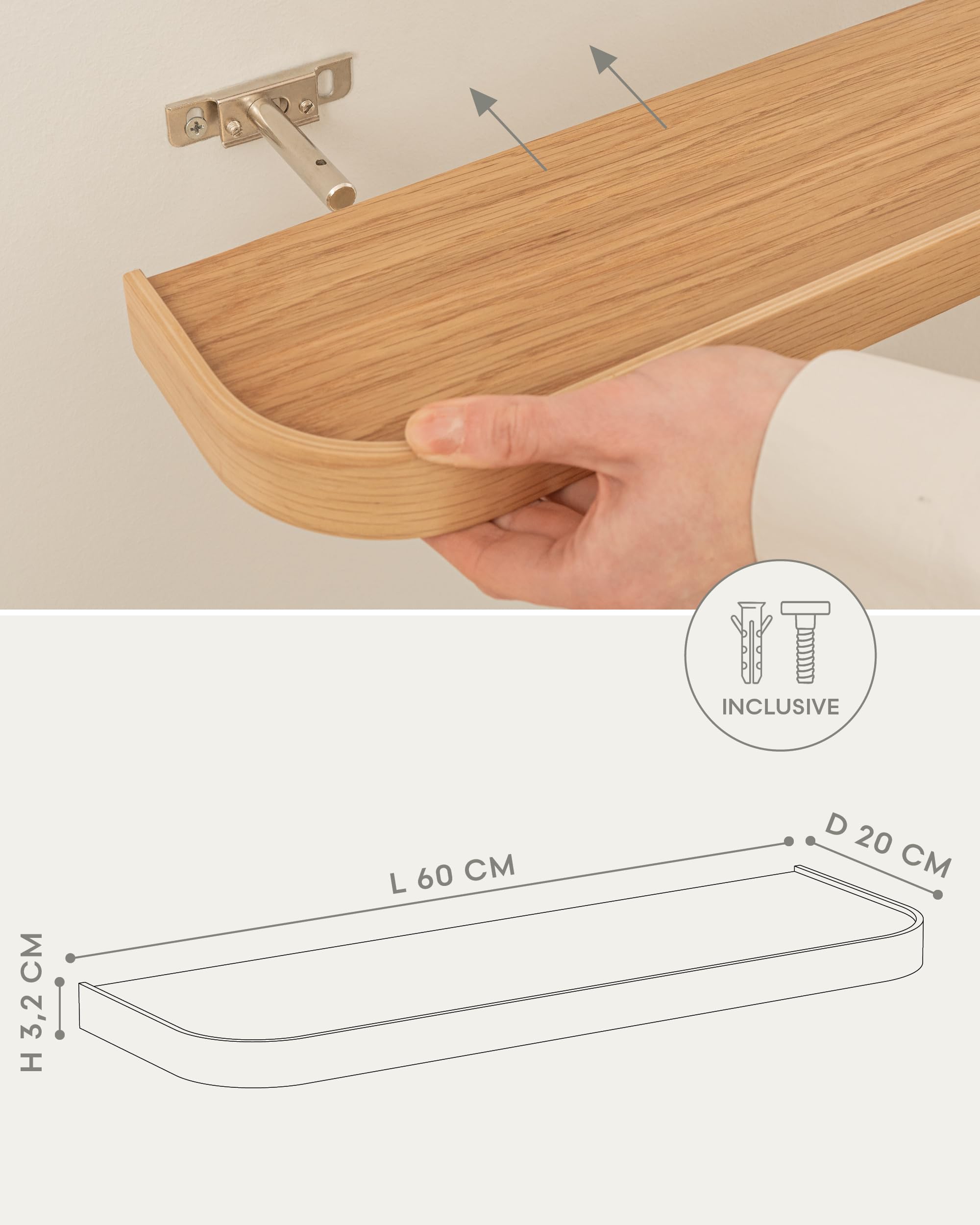 KAZAI.® Zestaw półek ściennych 'Toke' | 2 wiszące z forniru z litego drewna | Lekkie drewniane jako dekoracja i miejsce do przechowywania do łazienki, salonu, kuchni, sypialni | Dąb