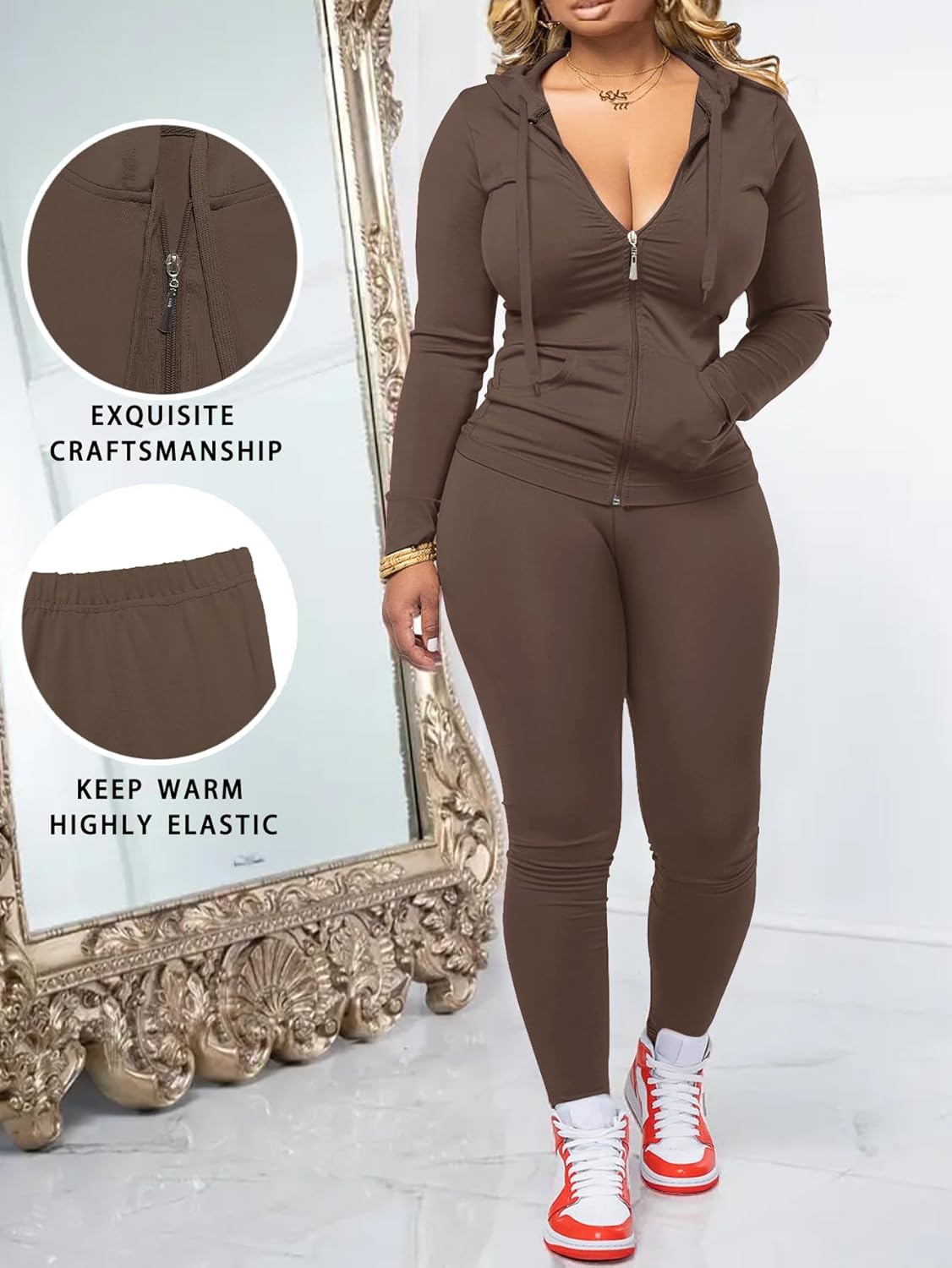 Women Two Piece Outfits Workout Sets Bodycon Legging Jacket Tracksuit Zip Up Hoodie Jogger Matching Sweat Pants Set - Image 6