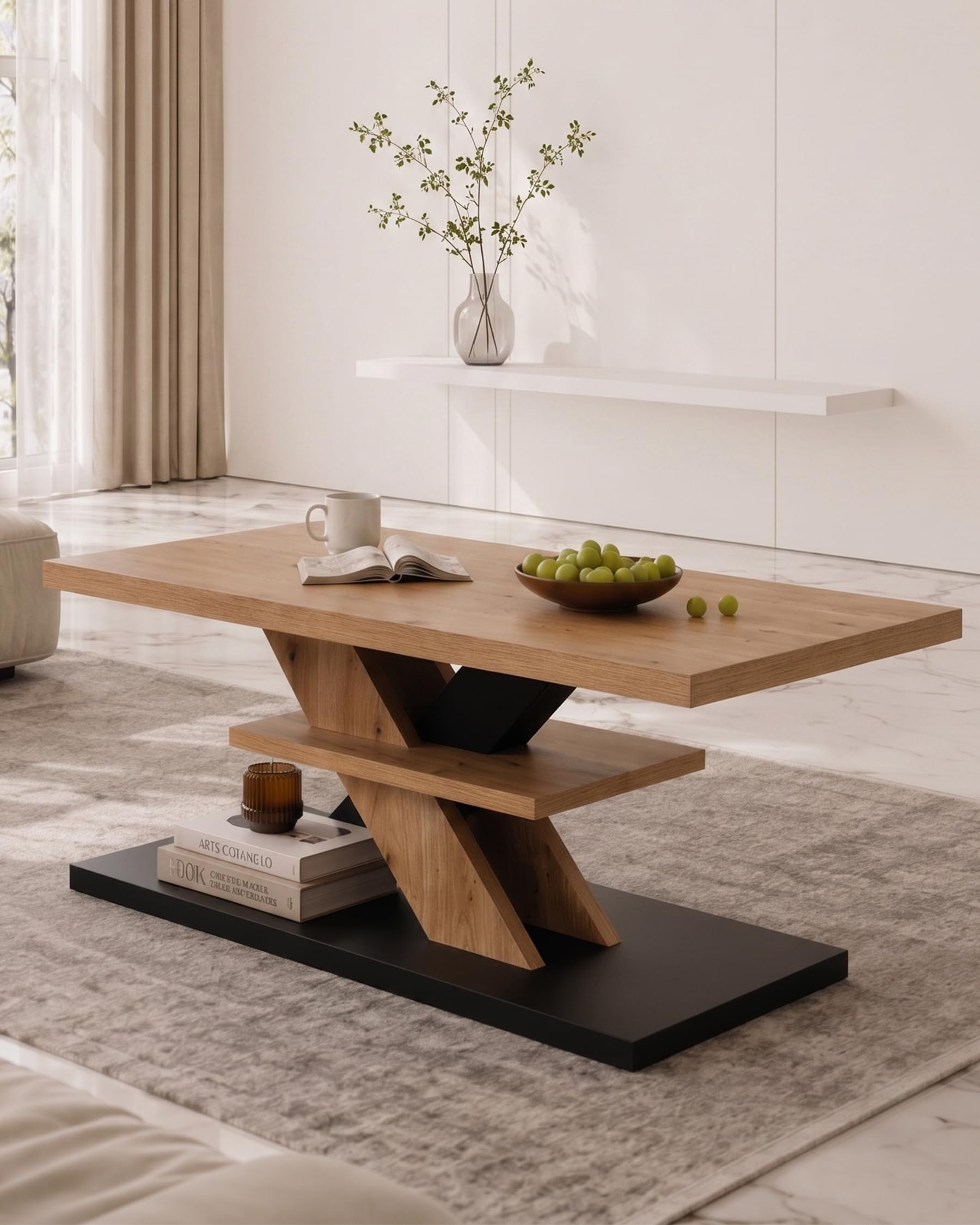 Mesa de centro de madera de roble negro, 100 x 50 x 45 cm, mesa de salón, rectangular, moderna, con estante, espacio de almacenamiento, diseño Z, mesa de salón para sofá