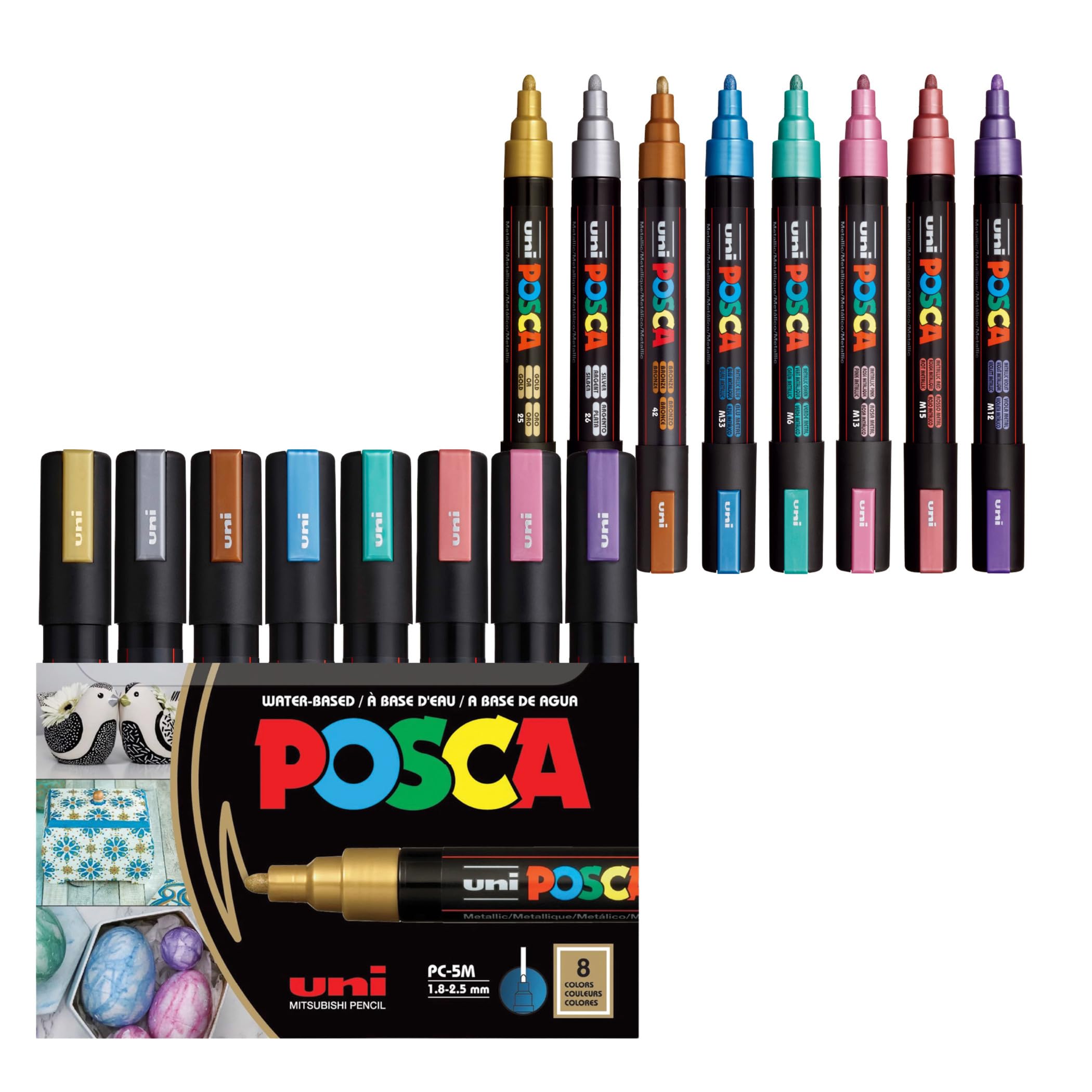 POSCA® PC-5M Water-Based Acrylic Paint Markers, Medium Tip, 8 Count | Reversible Tip (1.8–2.5 mm), Opaque Paint Pens for Rock Painting, Wood, Glass, Crafts & Art Projects