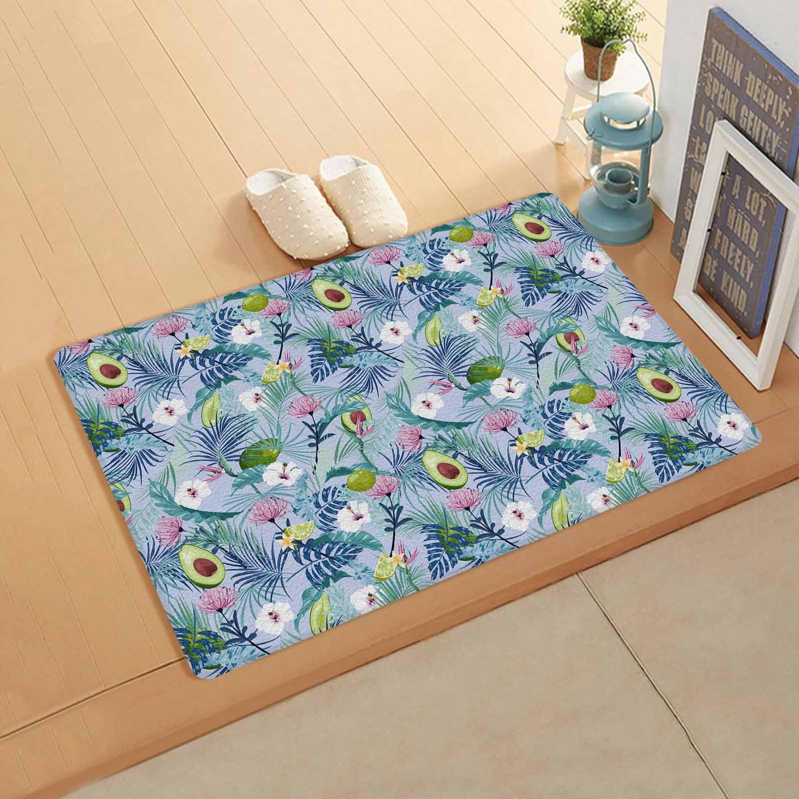 Tropical Antifatigue Kitchen Bath Door Mat Cushioned Runner Rug,Washable Welcome Floor Sink Mat,Waterproof & Non-Slip Standing Doormat for Kitchen,Summer Blue Palm Tree Leaves Floral Fruits 18