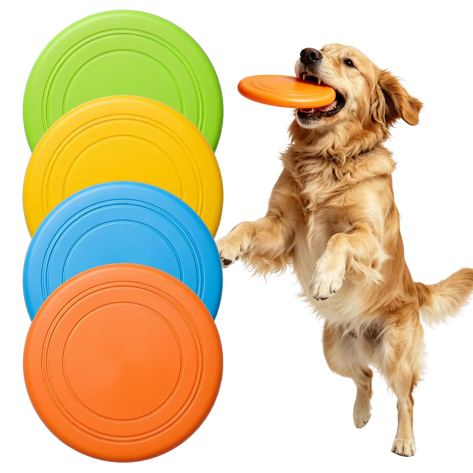 Zirax 4-Pack Dog Frisbee Set, Indestructible Dog Toys for Large Dogs, Soft Rubber Flying Disc for Outdoor Training and Fetch, Floating Dog Toy for Beach and Pool (Blue, Orange, Green, Yellow)