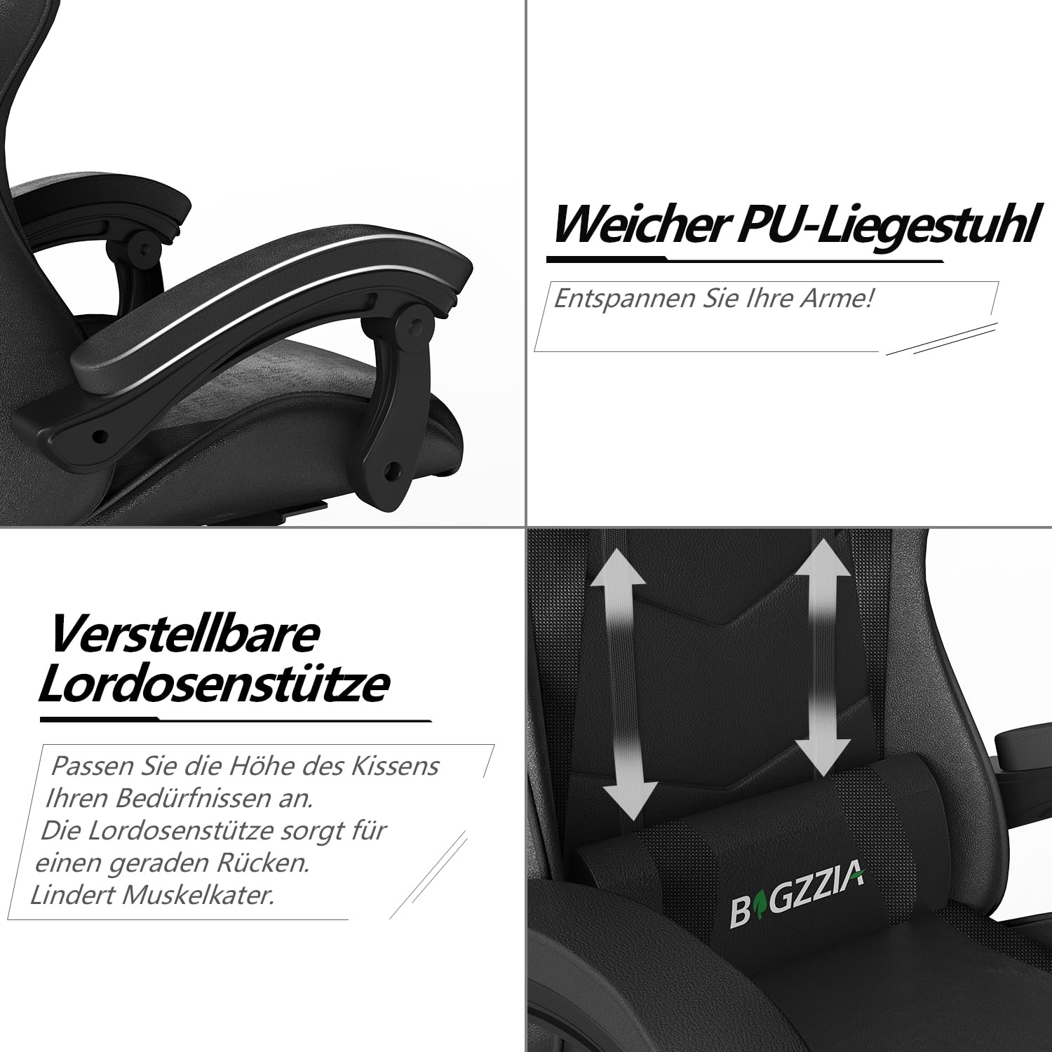 Racingreat Zockersessel mit Kopfstütze und Lendenwirbelstütze (Schwarz) | Ergonomischer Gaming Chair, PU-Leder, 90°–135° Neigungswinkel und Höhenverstellbar, Kinder Junge Erwachsene Büro Familien