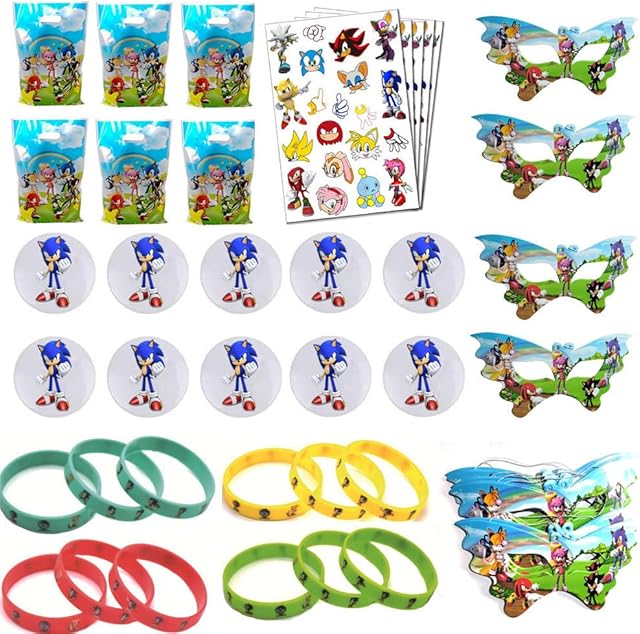 Allber Sonic Theme Birthday Party Favor For Kids- Sonic Wristbands, Tattoos,Goodie Gift Bags, Badges, Sonic Masks for Classroom Rewards Carnival Prizes Set Gifts for Kids Boys Girls, Serve 10 Guests