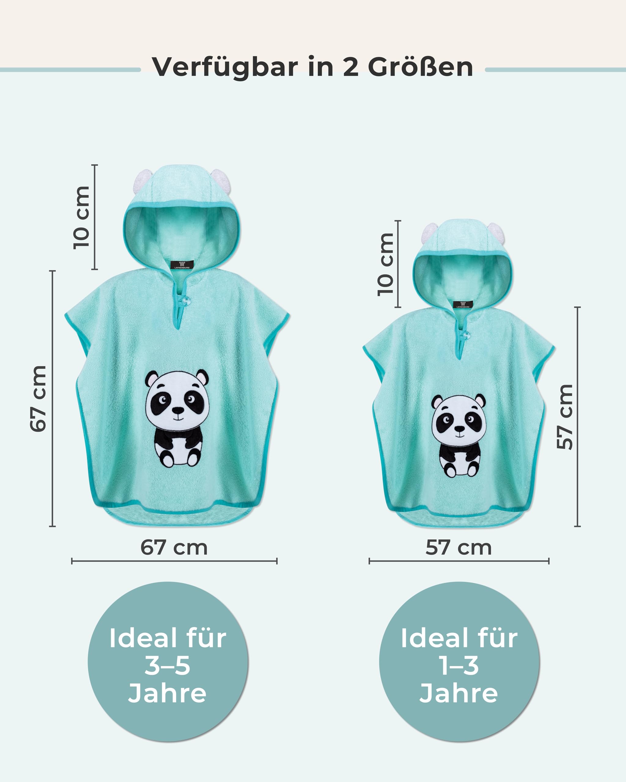 LAYNENBURG Ponczo kąpielowe premium dla dzieci z kapturem – 100% bawełna – Öko-Tex – dla chłopców i dziewczynek, ponczo frotte, Turkusowy - Panda, 3-5 lat