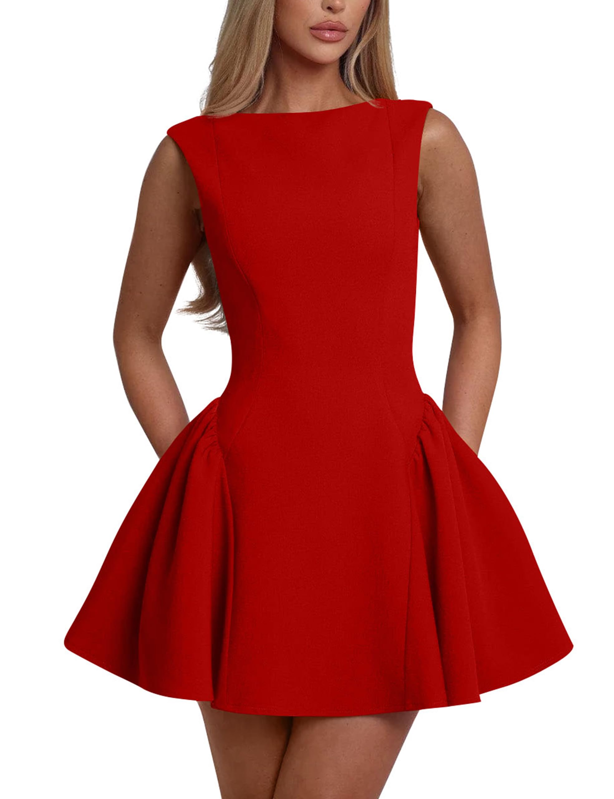 YMDUCH Womens Summer Sleeveless Crew Neck Backless A-line Mini Party Prom Dress