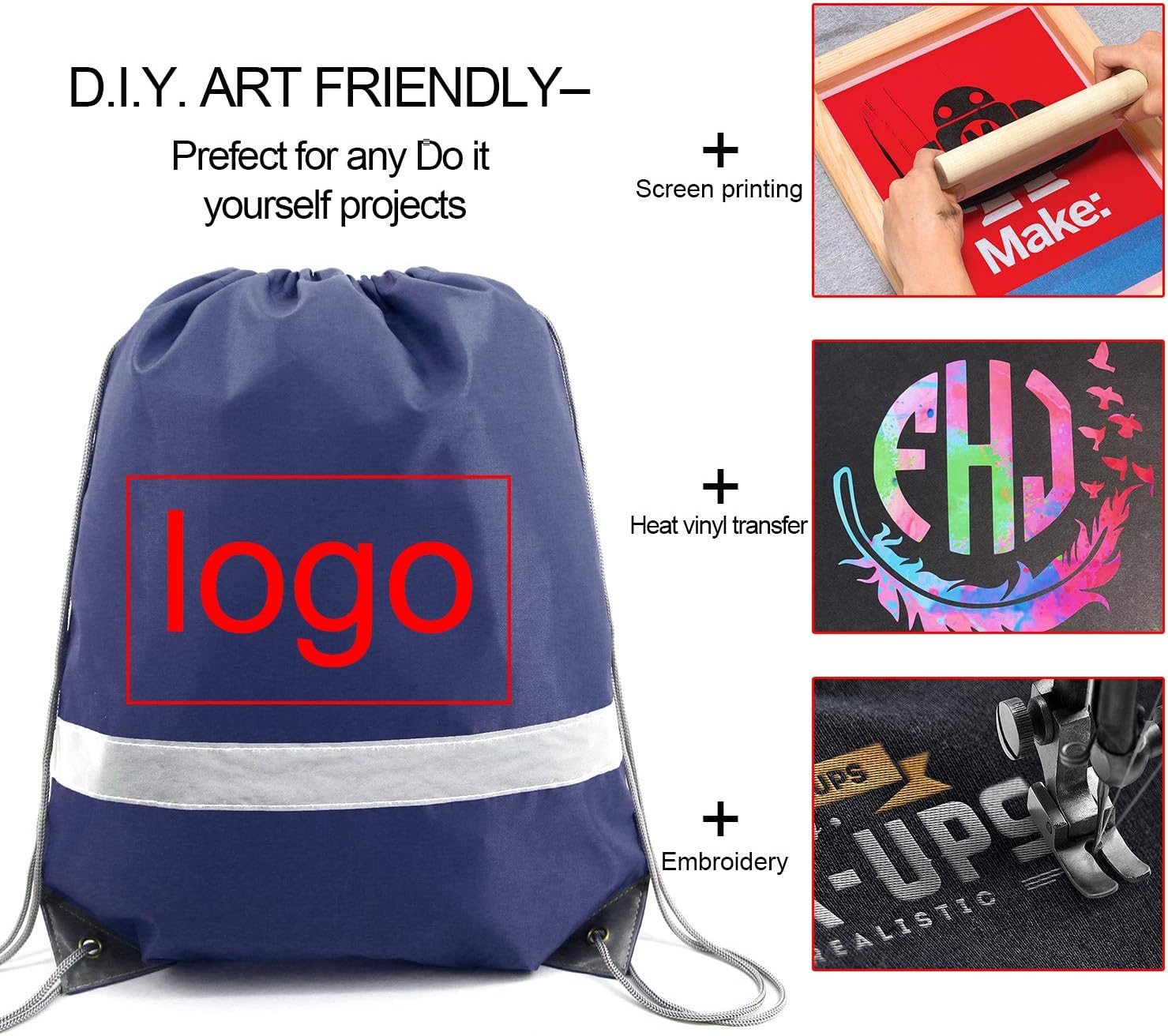 BeeGreen 20 Pieces Navy Blue Drawstring Backpack Bags Wholesale, Reflective String Bag DIY for Women and Men - Image 2