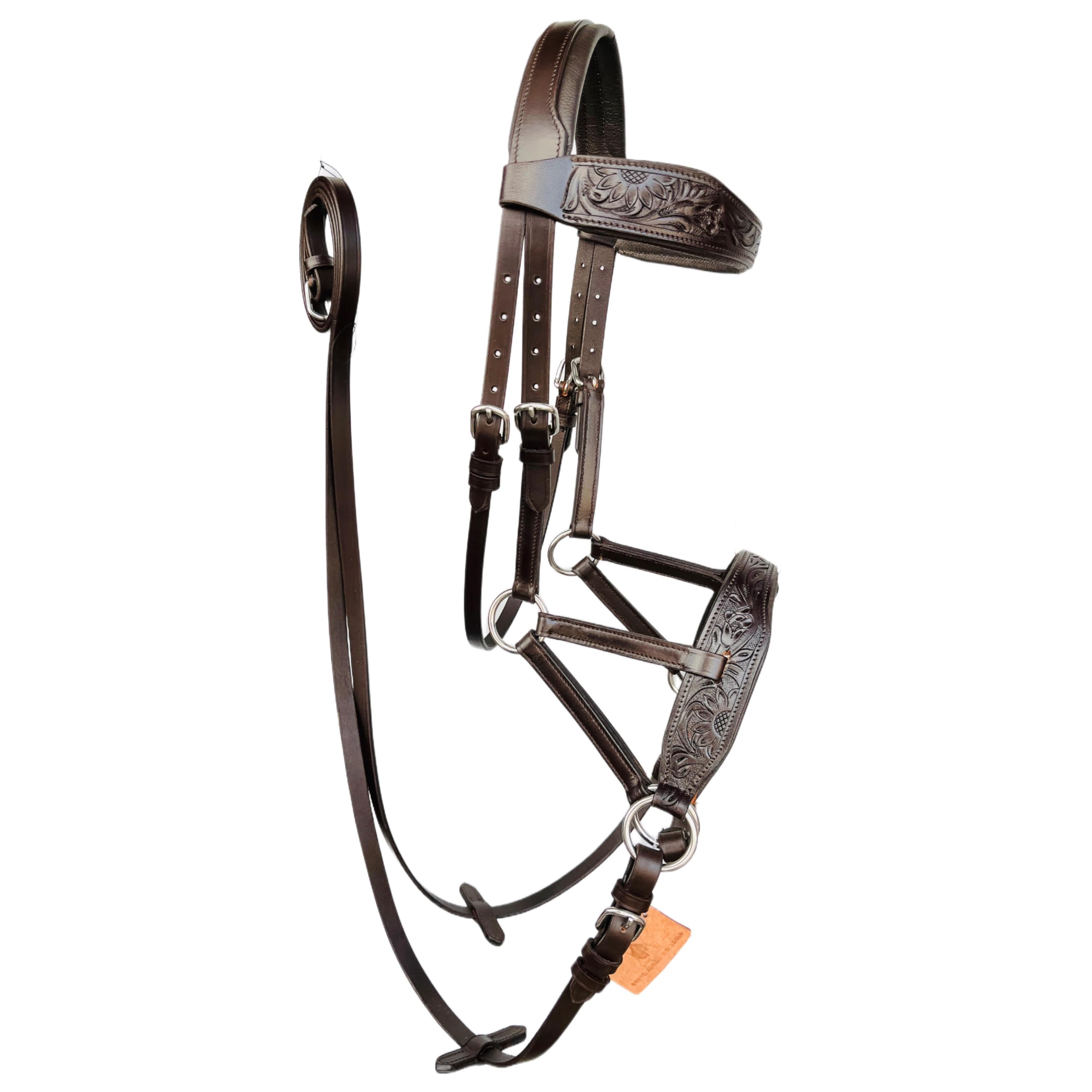 AHS us Natural Toned Leather Sidepull Bitless Bridle with White Cow Soft Leather Padding | Full Leather reins | (Brown, Pony)