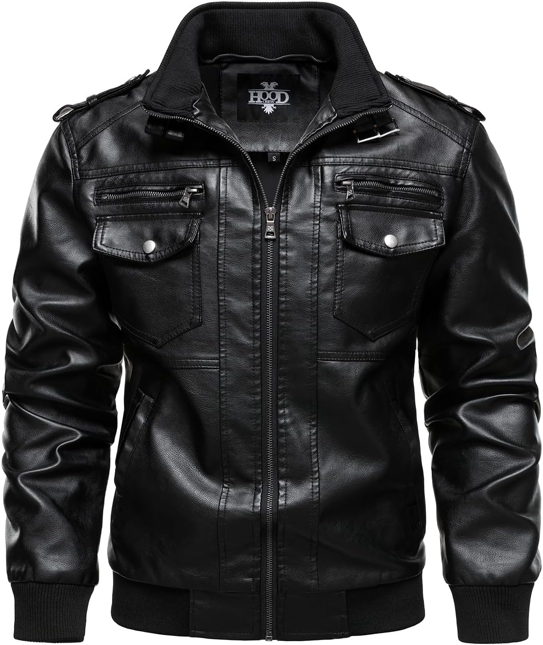 HOOD CREW Men's Faux Leather Hooded Jacket Motorcycle Jackets Water Repellent Windproof PU Moto Vintage Bomber Hoodie Coats - Image 5