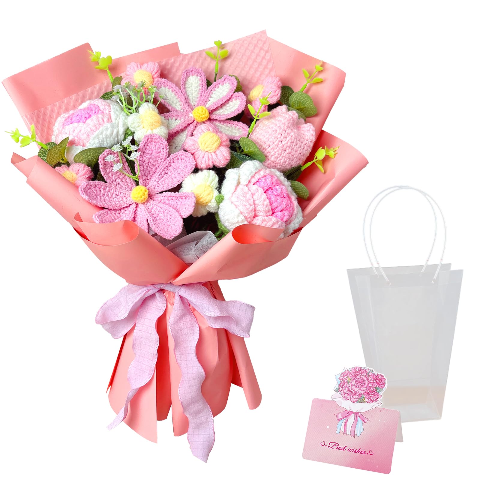 Emivery Handmade Crochet Flower Bouquet - Mixed Tulips & Sunflowers for Mother's Day, Birthday and Home Decor (Pink Tones)