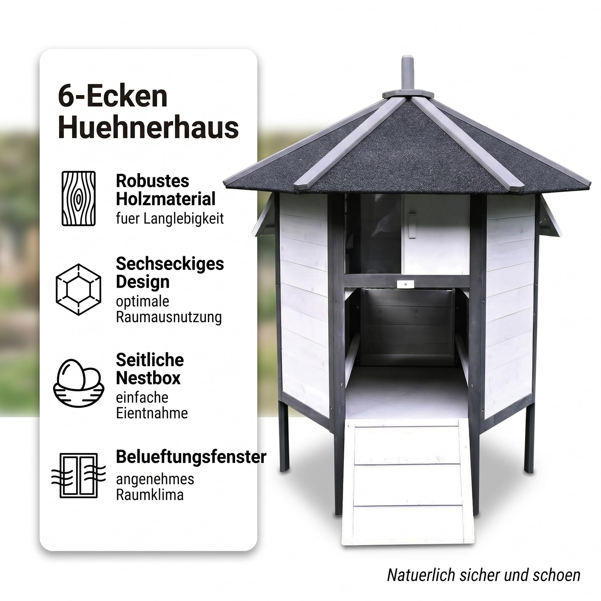 Mucola Hühnerstall Hühnerhaus 6-Eck mit Nestbox 131x125 cm Fichtenholz Grau | Geflügelstall wetterfest, 5-8 Hühner, Enten, wasserdichte Dachpappe, Legenest mit Klappdeckel, erhöhter Boden, inkl. Rampe