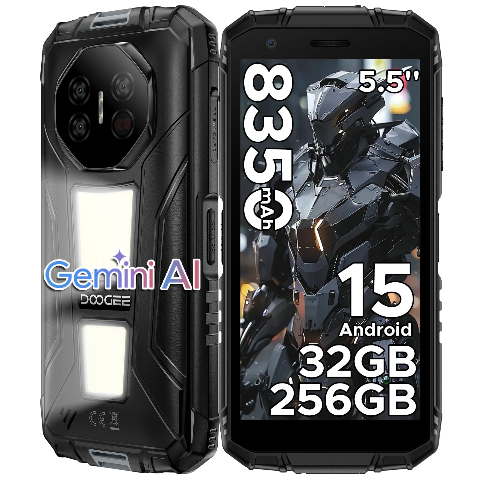 Fire 3 Max Rugged Smartphone Android 15, Doppie Luci Campeggio, UNISOC T7250, 8350mAh Telefono Indistruttibile, 32GB+256GB, 40MP+20MP+8MP Telefono Rugged, Widevine L1/NFC - Grigio